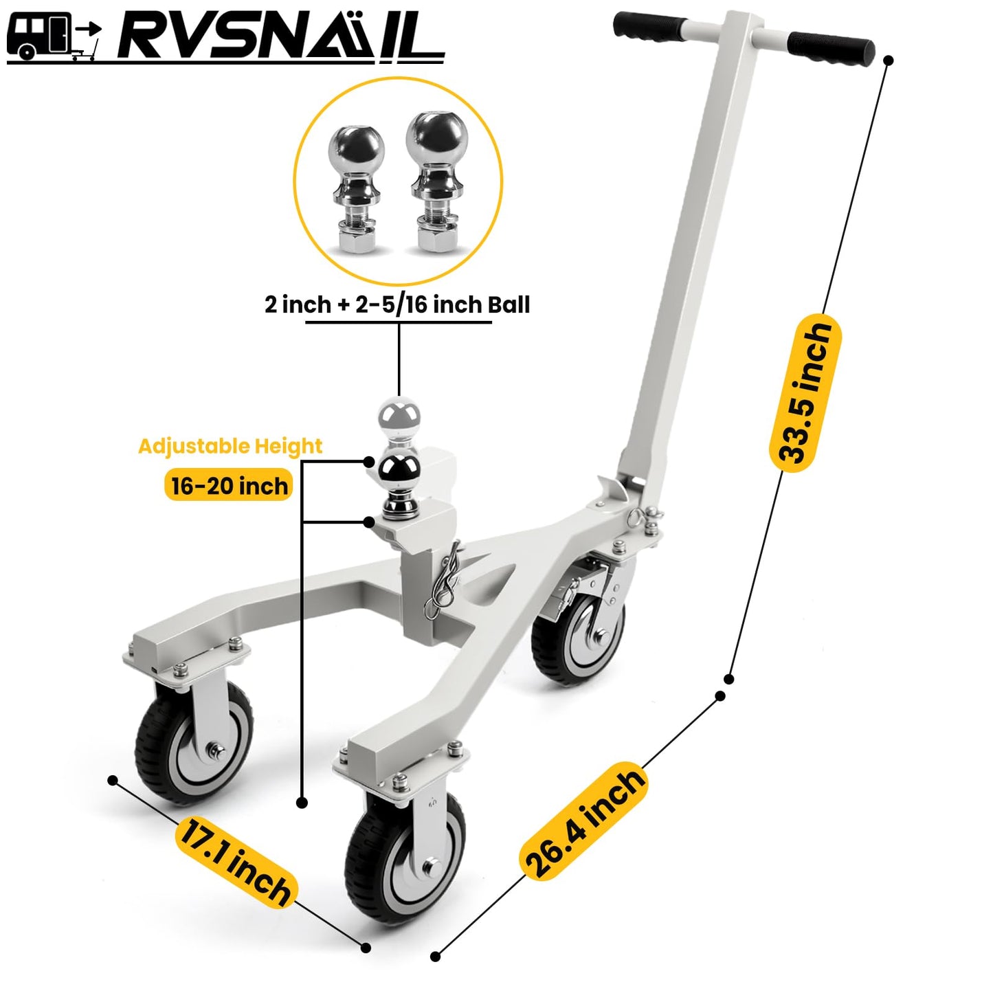 Heavy-Duty Trailer Dolly – 20,000 lbs Load, 3,500 lbs Tongue Weight, 360° Swivel Wheels with Brake, 2" & 2-5/16" Hitch Balls, Manual Trailer Mover for RV, Boat, Camper, Jet Ski, Motorcycle