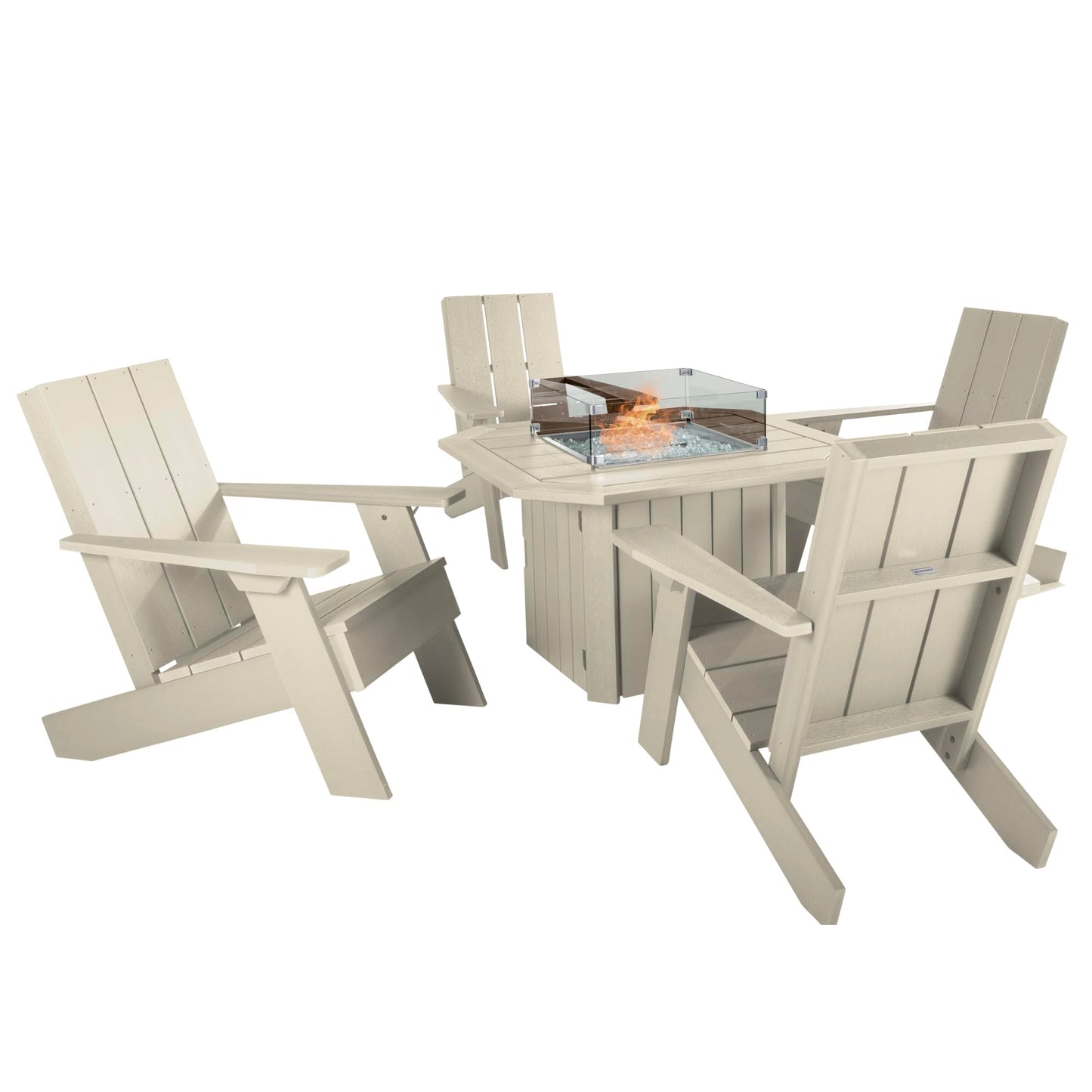 Oasis 5-Piece Conversation Set with Fire Pit Table, 4 Italica Modern Adirondack Chairs and 40” Fire Pit Table with Glass Wind Guard and Rain Cover, Whitewash