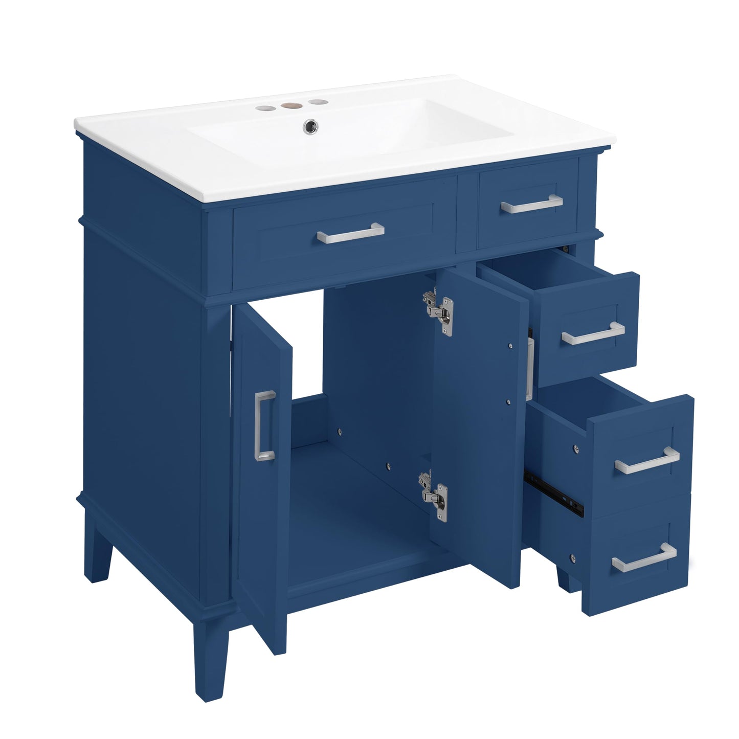 Merax 30" Small Bathroom Vanity with Ceramic Sink, Modern Solid Wood Frame Free-Standing Storage Cabinet, Soft-Close Doors, 2 Drawers & Under-Sink Storage, Space-Saving for Small Bathroom, Blue