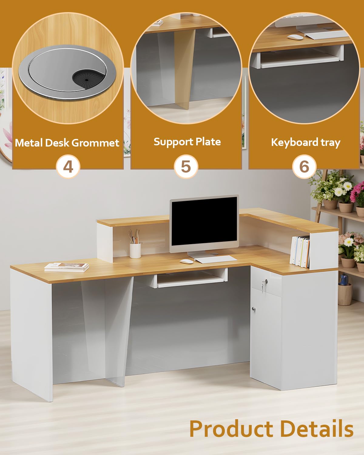 L-Shaped Reception Desk with Counter, 63" Solid Wood Modern Reception Counter with Lockable Drawers and Storage, Wood and White Front Desk for Checkout, Home Office, Beauty Salon (A-Lift, 63in)