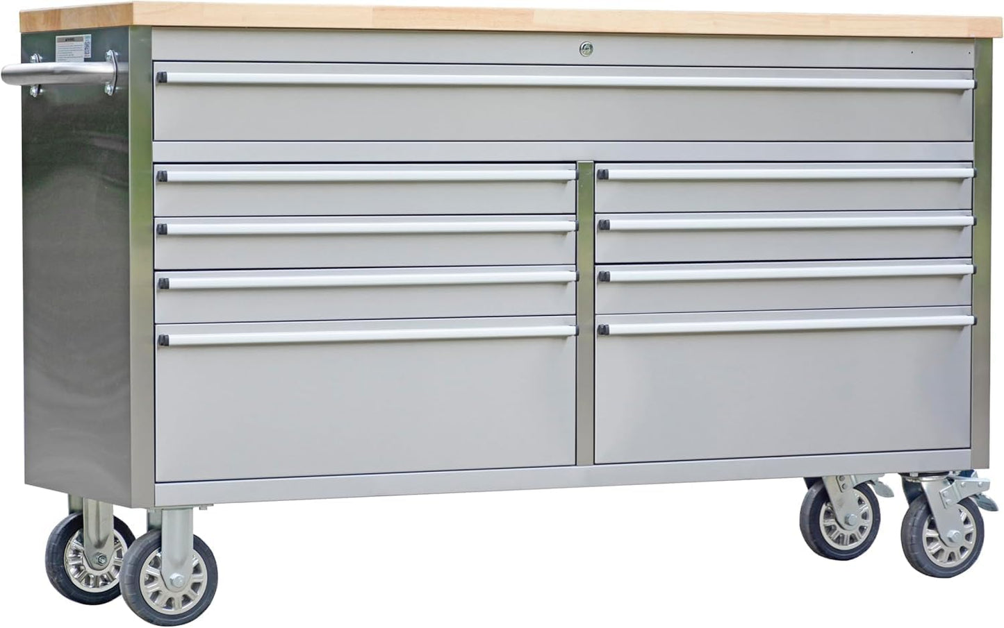 ExploreHorizon 61" Heavy-Duty Rolling Tool Chest & Mobile Workbench with 9 Drawers, Rubber Wood Top and 4 Wheels, Steel Storage Cabinet for Garage, Workshop, Warehouse，Silver