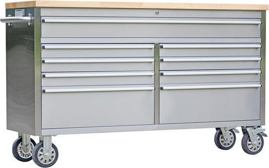 ExploreHorizon 61" Heavy-Duty Rolling Tool Chest & Mobile Workbench with 9 Drawers, Rubber Wood Top and 4 Wheels, Steel Storage Cabinet for Garage, Workshop, Warehouse，Silver
