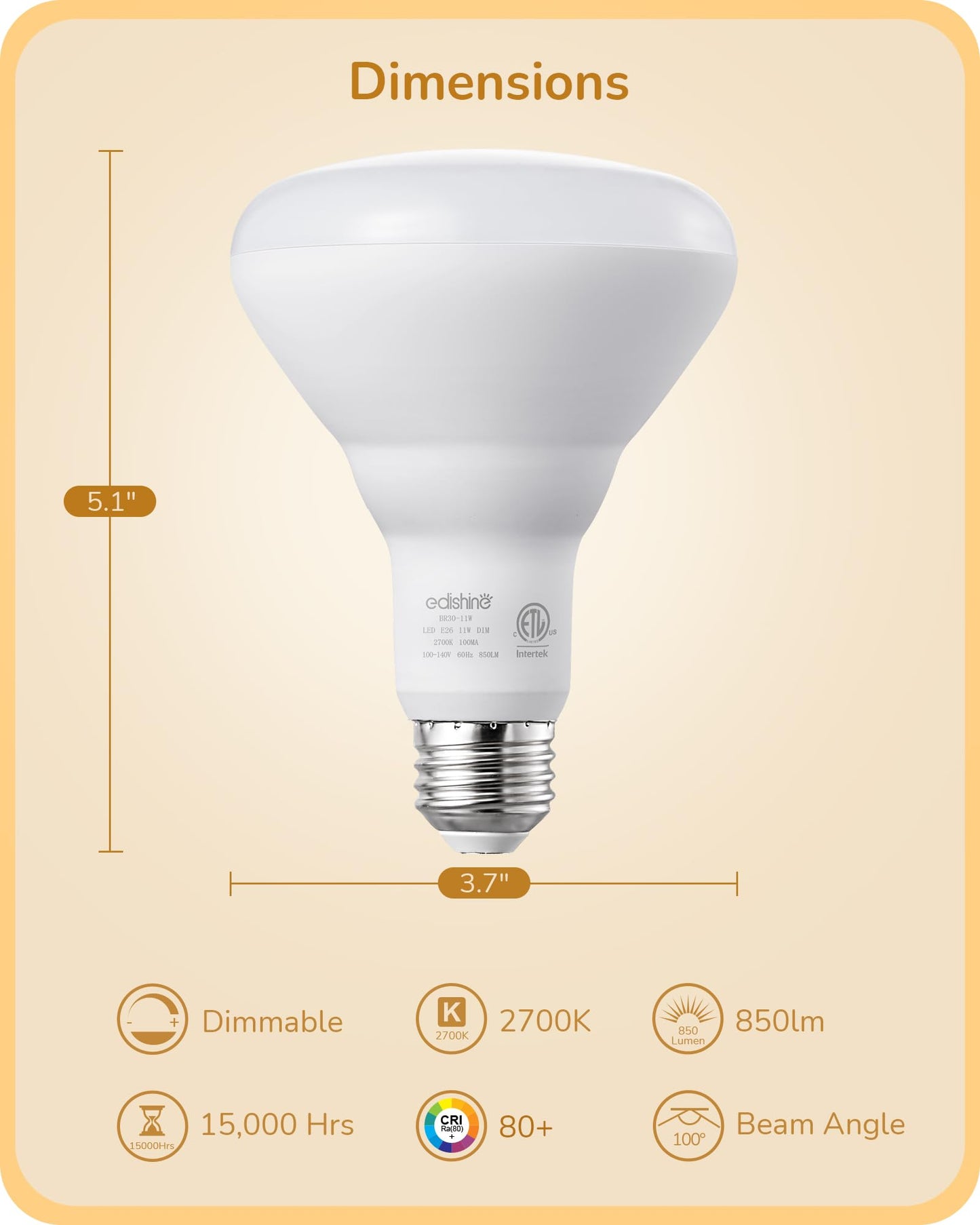 EDISHINE BR30 LED Bulb, Dimmable 11W Equivalent 65W, 850LM, 2700K Warm White, E26 Base, 6 Pack, ETL