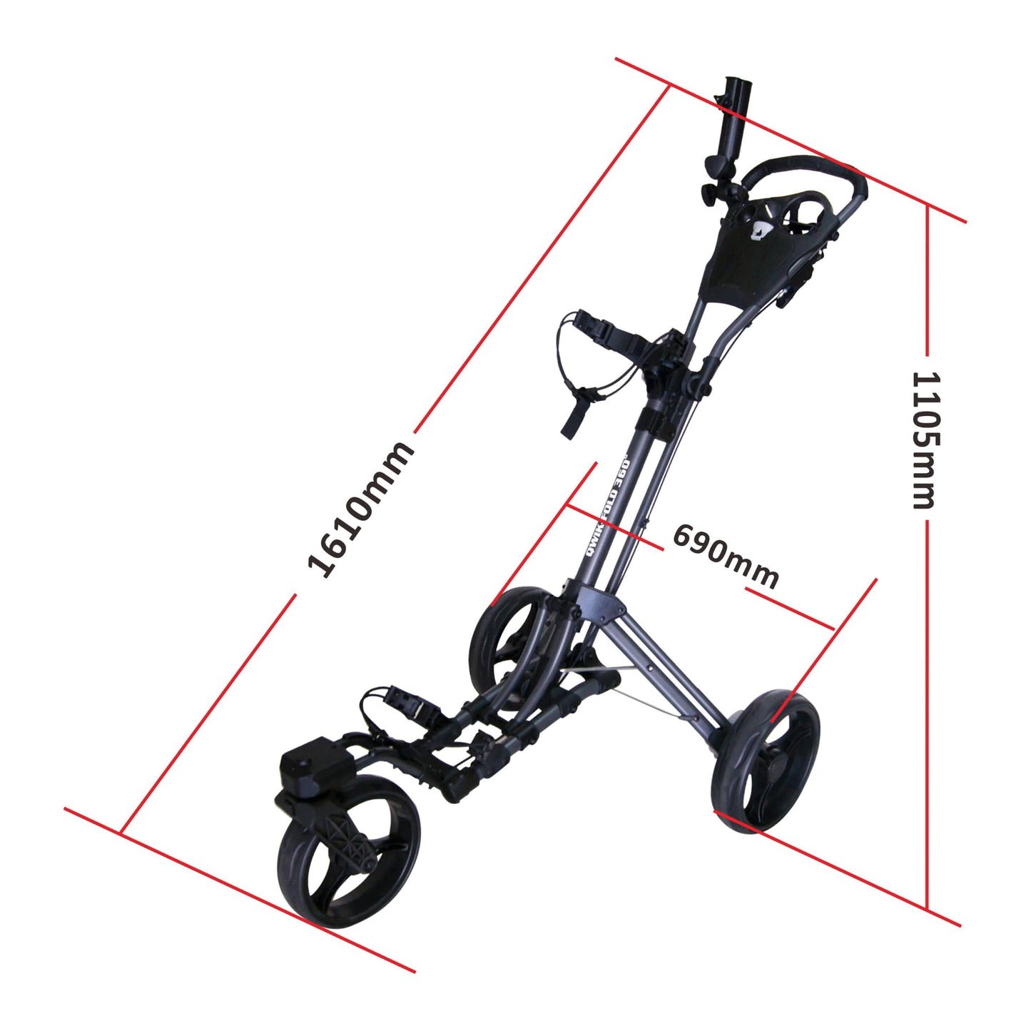 Qwik-Fold 360 Swivel 3 Wheel Push Pull Golf CART - 360* Rotating Front Wheel - ONE Second to Open & Close! (Charcoal/Black)