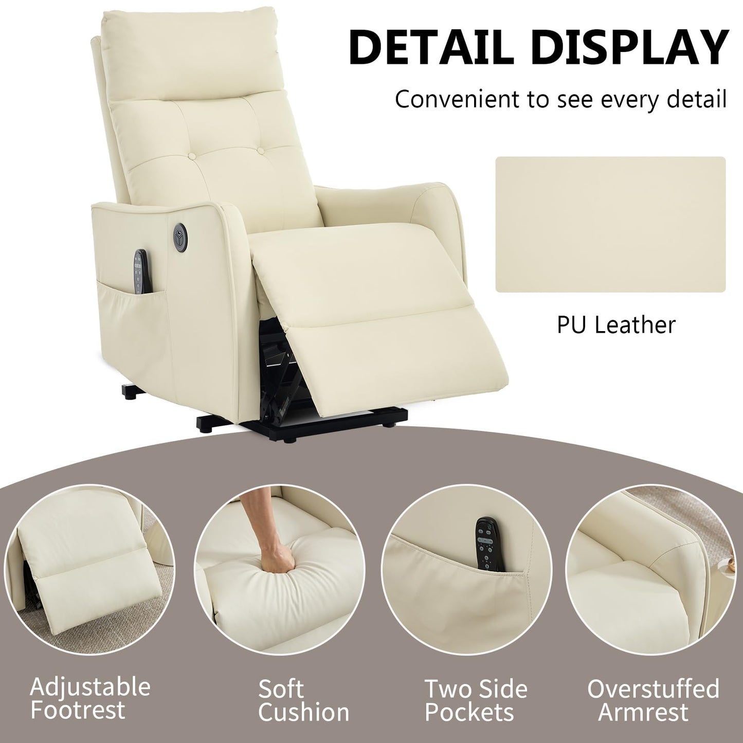 KEIKI Single Motor Power Lift Recliner Chair with Massage and Heat for Living Room, Synthetic Leather Upholstery with USB Charging Port and Side Pockets for Seniors
