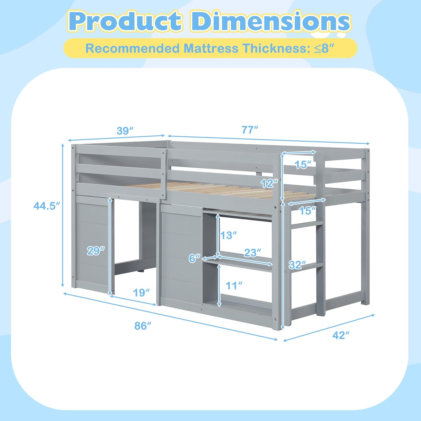 Giantex Loft Bed Twin Size with LED Lights, Wooden Low Bed Frames for Kids w/2 Doors, Under-Bed Play Space & Storage Bookcase, Modern Bedframe with Ladder & Safety Guardrail for Boys Girls (Grey)