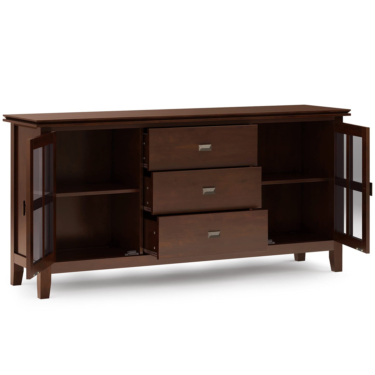 SIMPLIHOME Artisan Buffet - 60 inch Wide Solid Wood 3-Door Sideboard Buffet in Russet Brown, Contemporary Storage Cabinet for Dining Room or Kitchen with Adjustable Shelves and Bronze Hardware