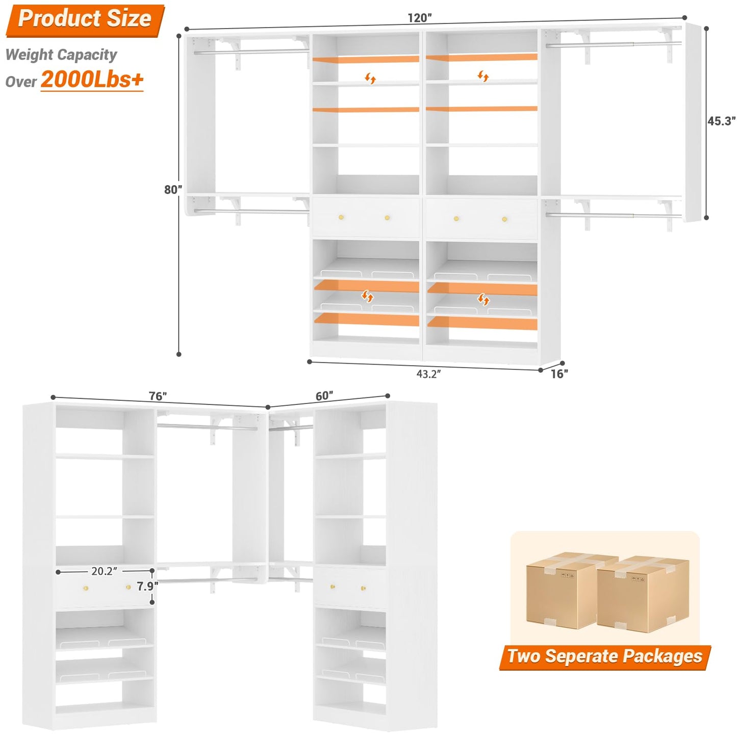 [10 FT Closet System] 120 Inch Reversible Set of 2 Wood Closet Organizer System with 2 Drawers, 4 Hanging Rods Adjustable Shelf, Walk In Closet Organizers with Shoe Rack, Garment Rack, White