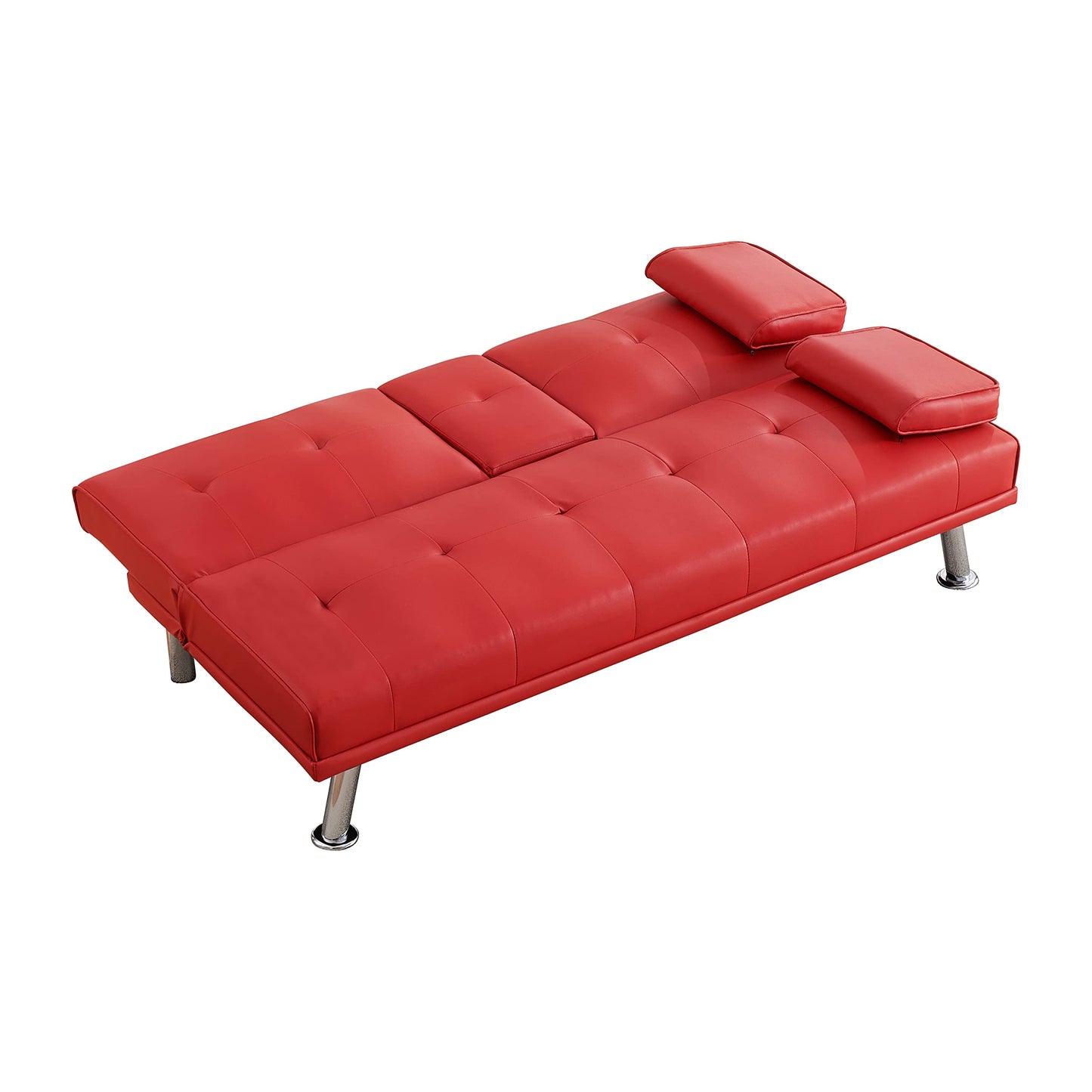 KEIKI 67" Leather Folding Futon Sofa w/Cup Holder & Adjustable Backrest, Mid Century Modern Couch Loveseat Convertible to Sleeper Bed, Comfy Cloud Couch SofaBed for Living Room & Bedroom, Red