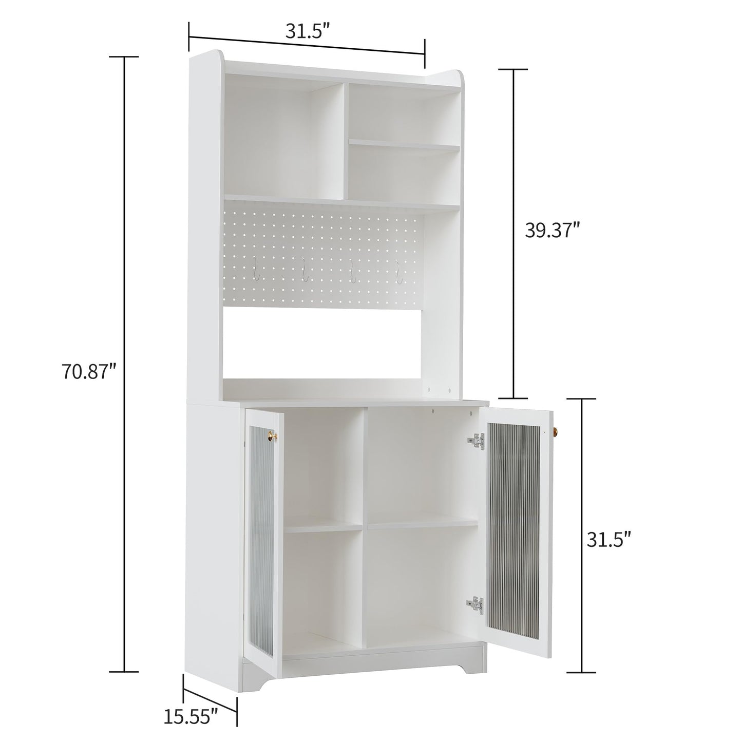 71" Tall Pantry Cabinet with 2 Glass Doors, Freestanding Kitchen Storage Cabinet with Open Storage & Adjustable Shelves, Modern Farmhouse Cupboard Coffee Bar for Dining Room, Living Room, White