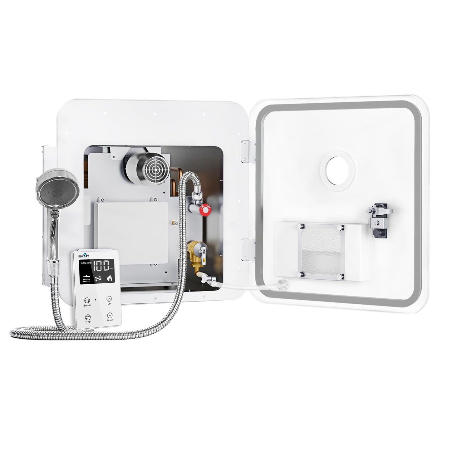 RIWORY 65,000 BTU 18x18 RV Tankless Water Heater Propane, 3.9GPM Tankless RV Water Heater with Outdoor Water Outlet, DC 12V Anti-Freezing Protection RV Camper Instant Hot Water Heater