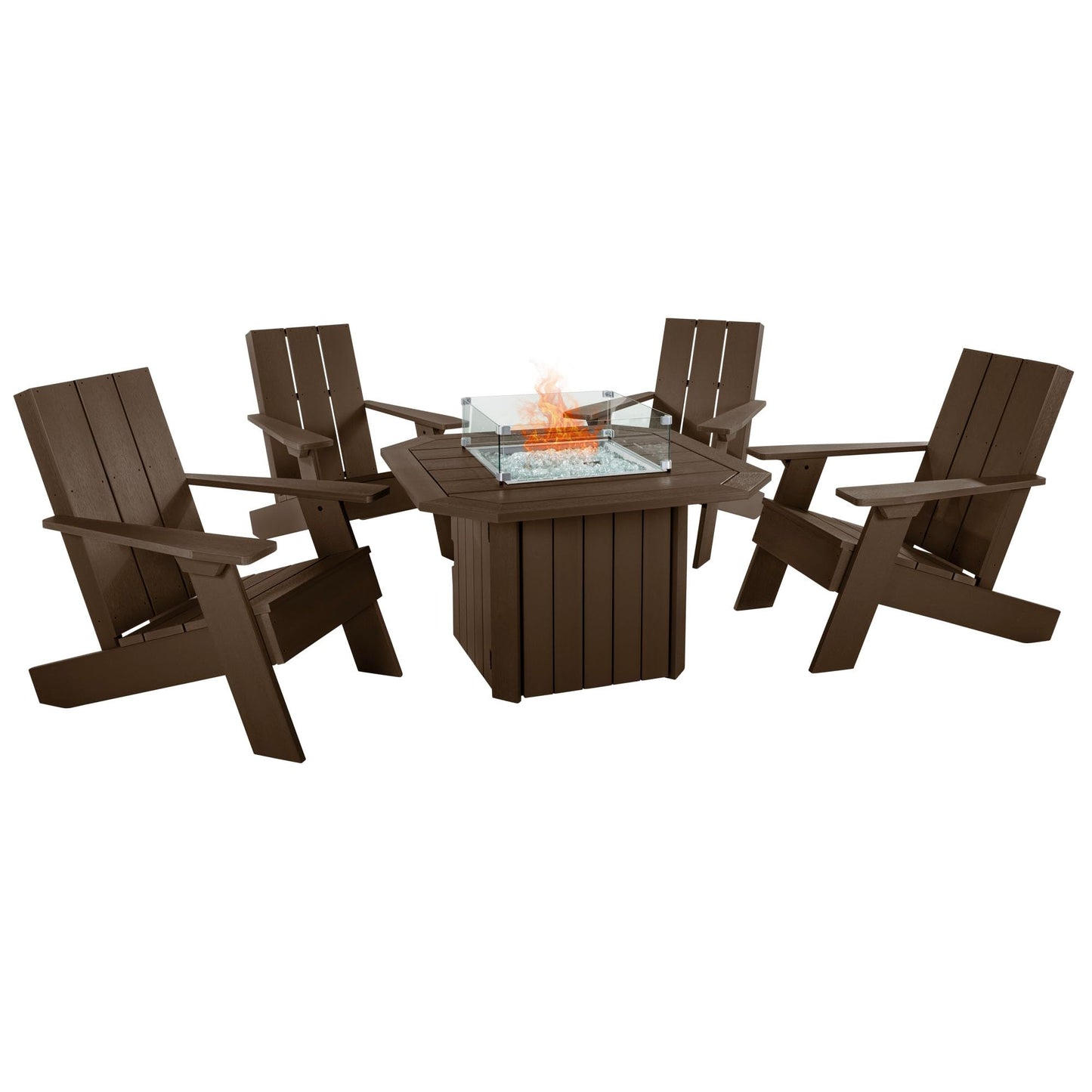 Oasis 5-Piece Conversation Set with Fire Pit Table, 4 Italica Modern Adirondack Chairs and 40” Fire Pit Table with Glass Wind Guard and Rain Cover, Weathered Acorn