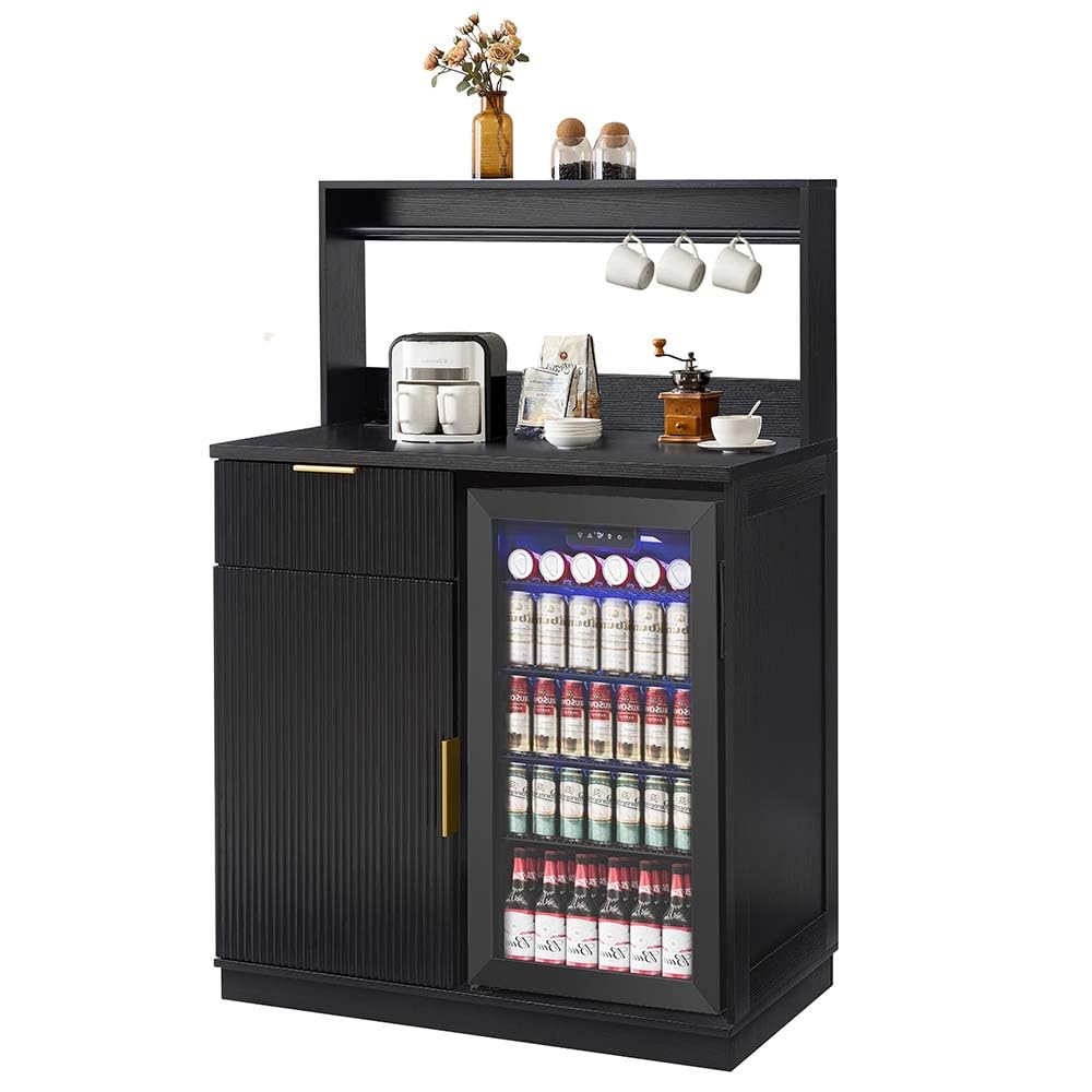 Rosary Blenn Coffee Bar Cabinet with Mini Fridge Space and Power Outlet, 39" Matte Black Wood Grain Finish Kitchen Cabinet with Drawer Storage and Adjustable Shelves for Dining Room