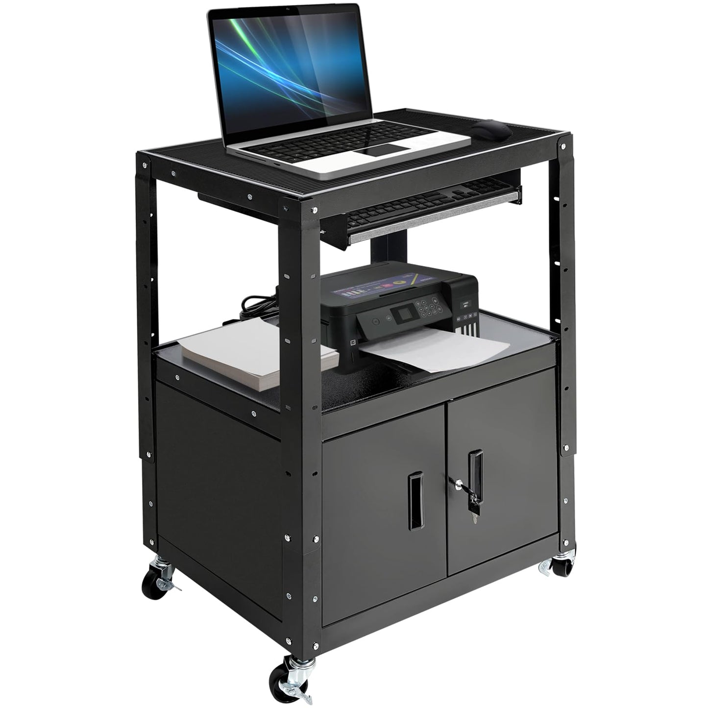 HONYTA AV Cart, Computer Steel Carts with Wheels and Power, Height Adjustable Rolling AV Carts with Locking Cabinet & Pullout Keyboard Tray, Projector Cart for School Office, 18”X 30.8”X 42”, Black