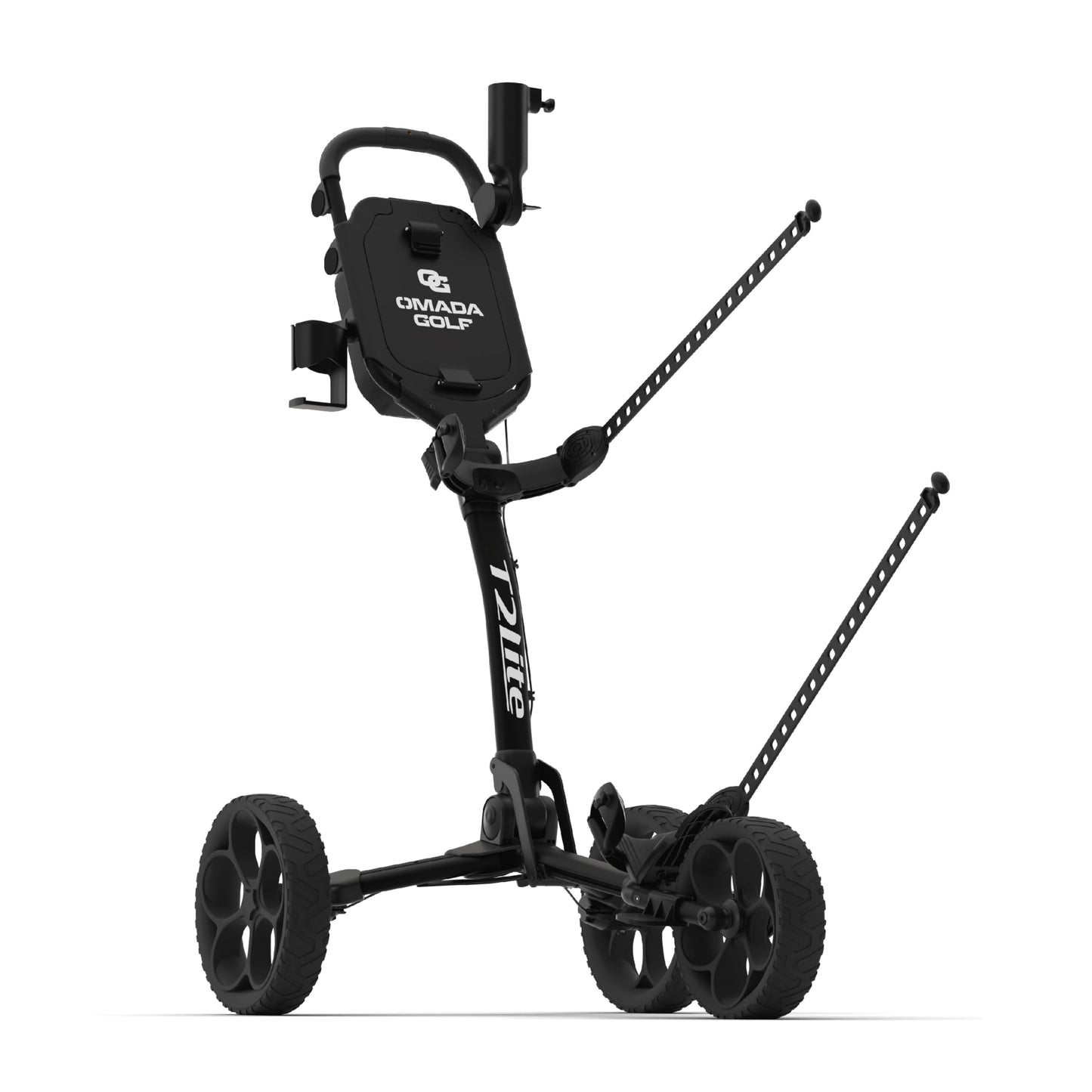 OMADA GOLF T2Lite Golf Push Cart | Lightweight, Ultra-Compact Folding Golf Cart | Large All Terrain Wheels | Umbrella Holder Included | Deep Storage Console | Adjustable Handle, Handbrake + Cup Holder