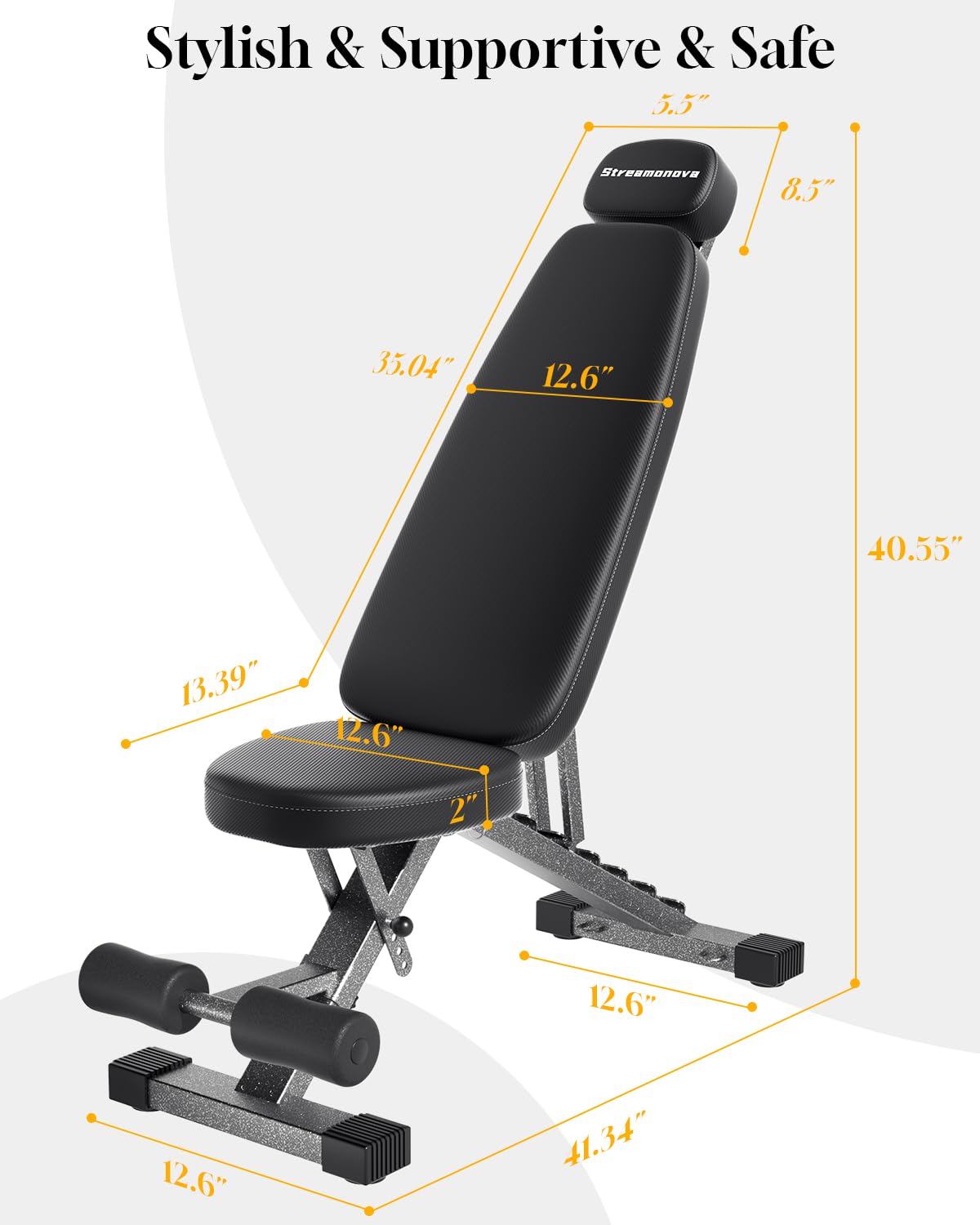 Streamnova Fitness Bench, Adjustable, Comfortable, Fashionable, Foldable and Extended Headrest with 192 Positions Incline Decline 900LBS Home Gym Bench for Strength Training