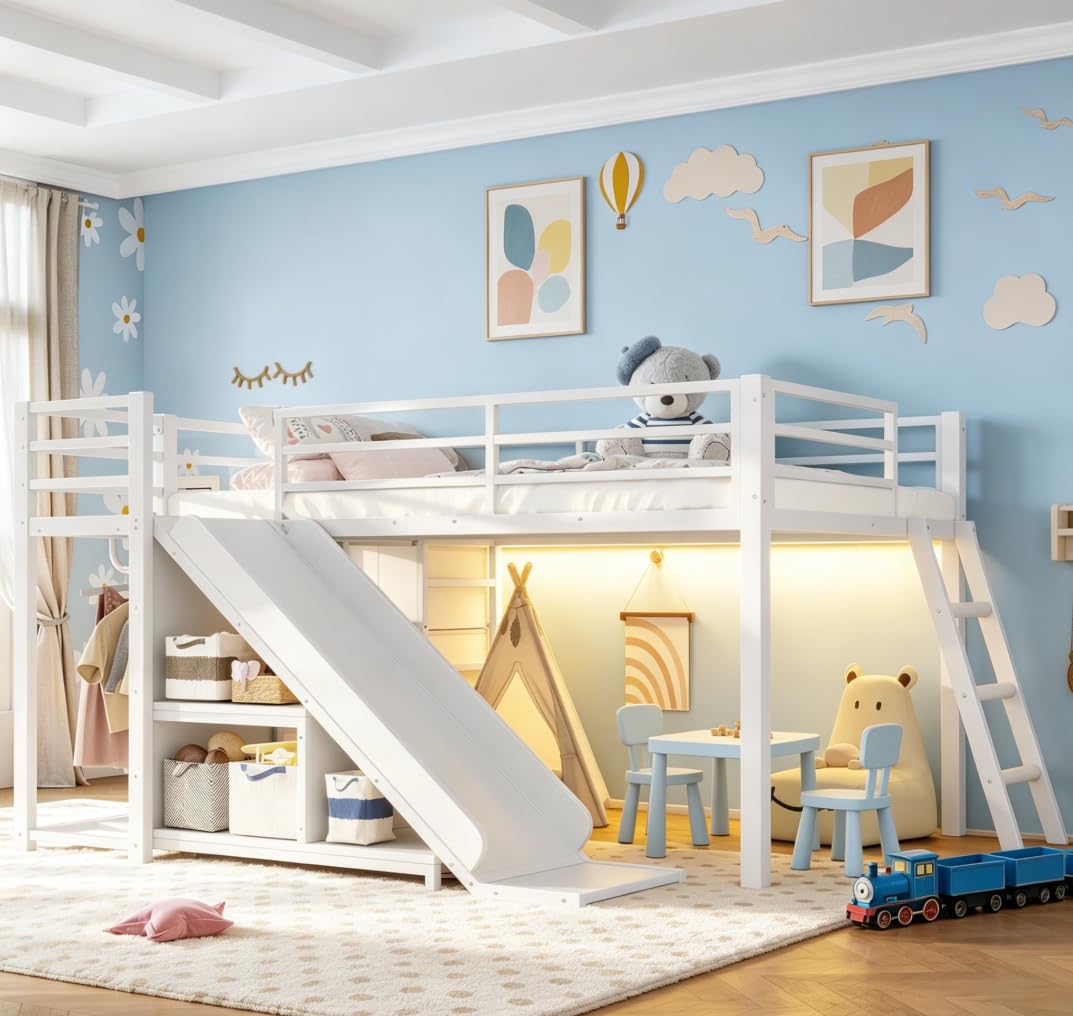Bellemave Twin Low Loft Bed with Slide and LED, Metal Kids loft Bed with Storage Drawers and Hanging Area, 2 Assembly Methods, White