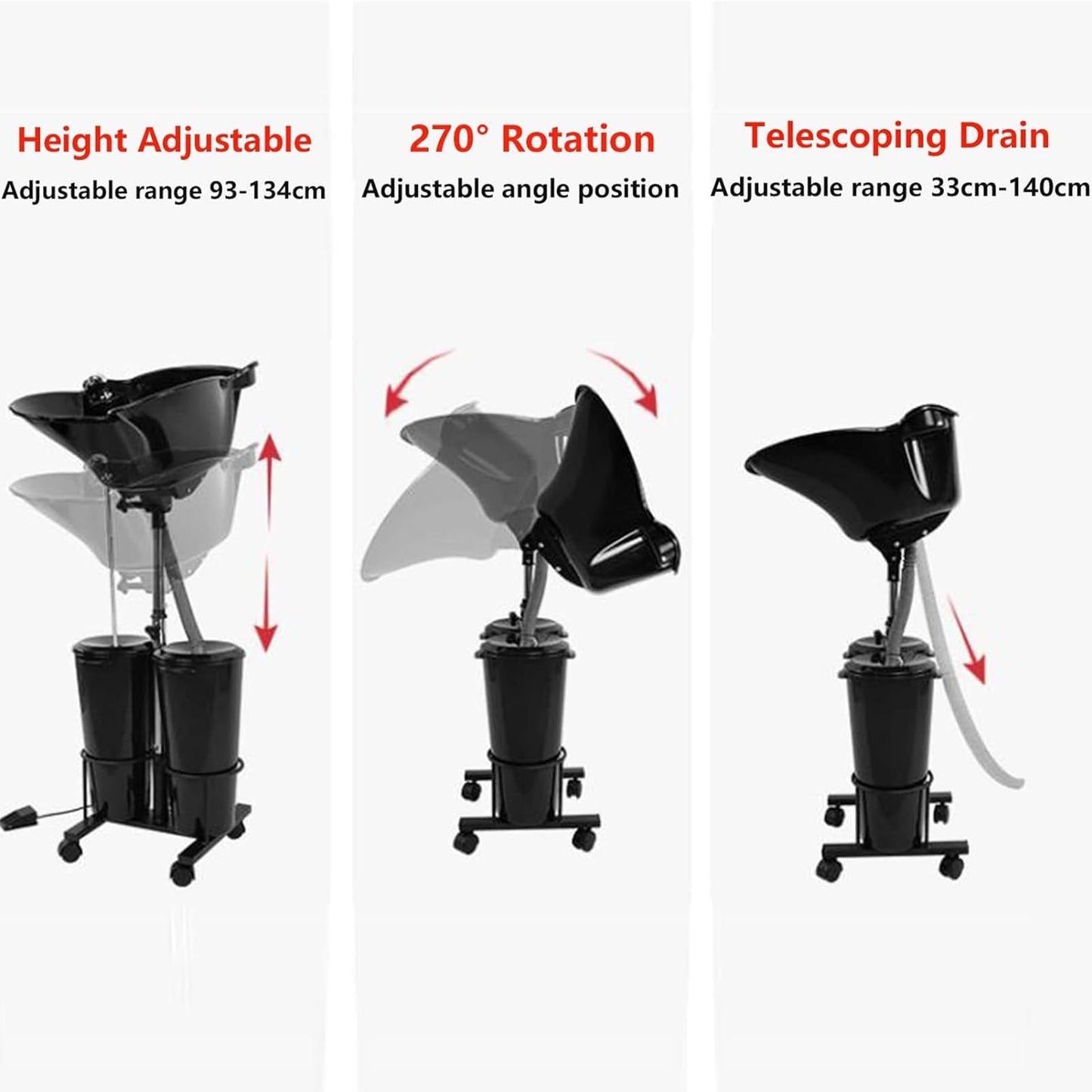 Shampoo Bowl, Portable Hairdressing Backwash Unit Salon Wash Hair Basin Sink with Electric Pump and 2 10 L Tanks Buckets, height and angle adjustable, Ideal for Barber Shops, Elderly & Maternity