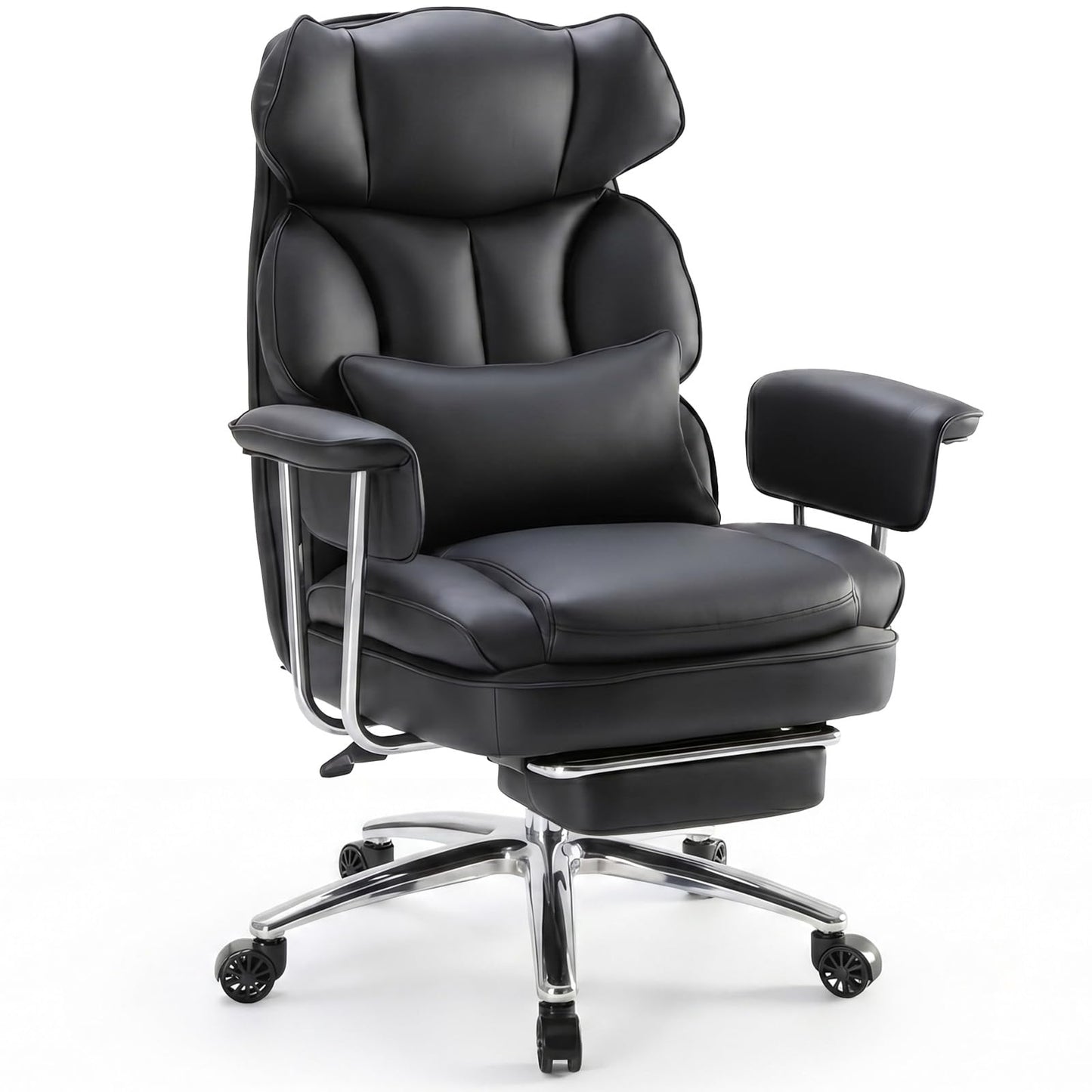 Sweetcrispy Executive Home Office Desk Chair - Ergonomic Big Tall High Back with Footrest & Lumbar Support, Reclining Height Adjustable, Comfy PU Leather Computer Gaming with Swivel Wheels, Black