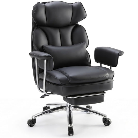 Sweetcrispy Executive Home Office Desk Chair - Ergonomic Big Tall High Back with Footrest & Lumbar Support, Reclining Height Adjustable, Comfy PU Leather Computer Gaming with Swivel Wheels, Black