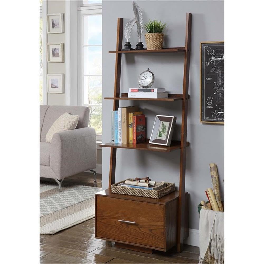 Convenience Concepts 3 tier American Heritage Ladder Bookcase with File Drawer, Dark Walnut