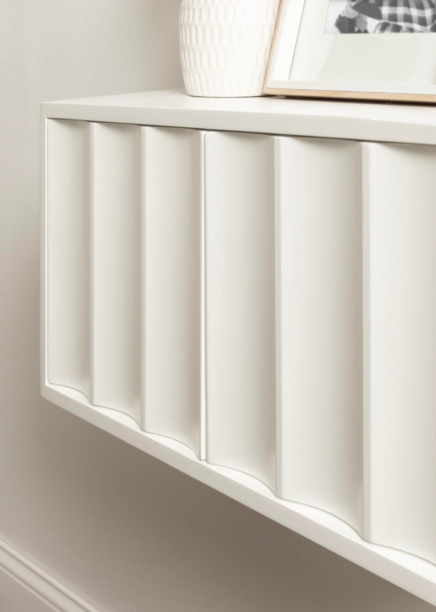 Kate and Laurel Sartell Modern Wooden Two-Door Wall Cabinet, 30 x 10 x 14, White, Decorative Modern Storage Cabinet with Dimensional Face for Use as Floating Nightstand or Cute Nursery Shelf Storage