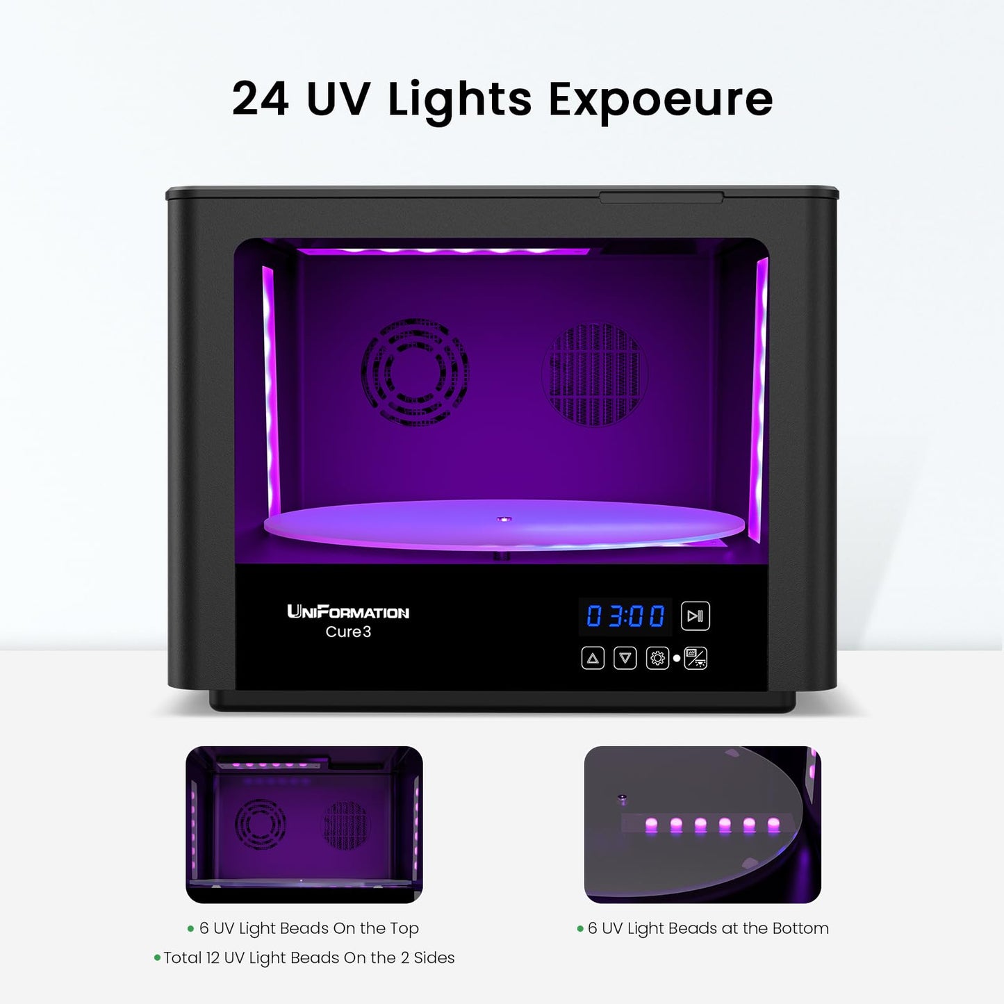 UniFormation 10.3-inch Cure3 Curing Machine 405nm UV Resin Curing Station with 360° Turntable D282 x H162 mm Curing Box Compatible with Resin 3D Printers for 3D Printed Models