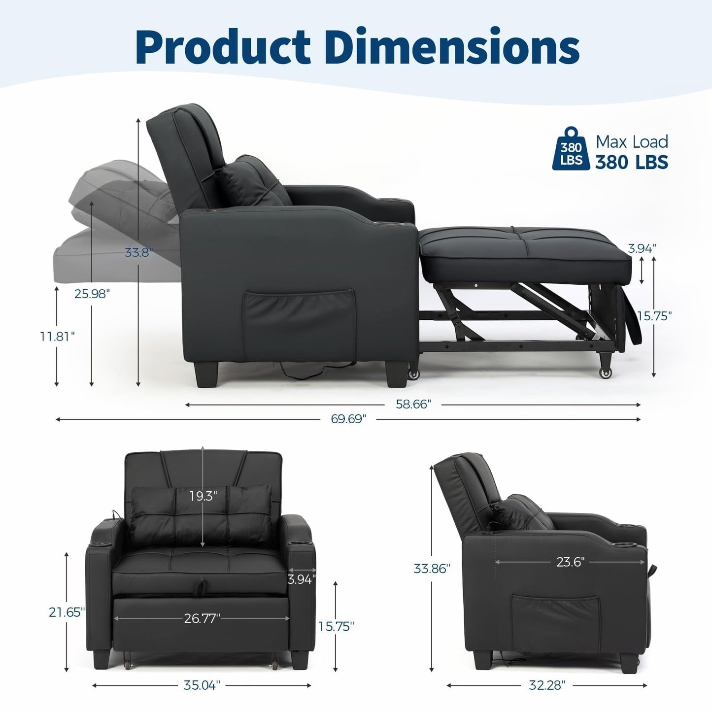 4 in 1 Convertible Sleeper Chair Bed with Vibration Massage Lumbar Pillow, Single Sofa Recliner Featuring USB/Type-C Port, Cup Holders & Side Pocket, Space-Saving Pull Out Bed for Small Spaces, Black