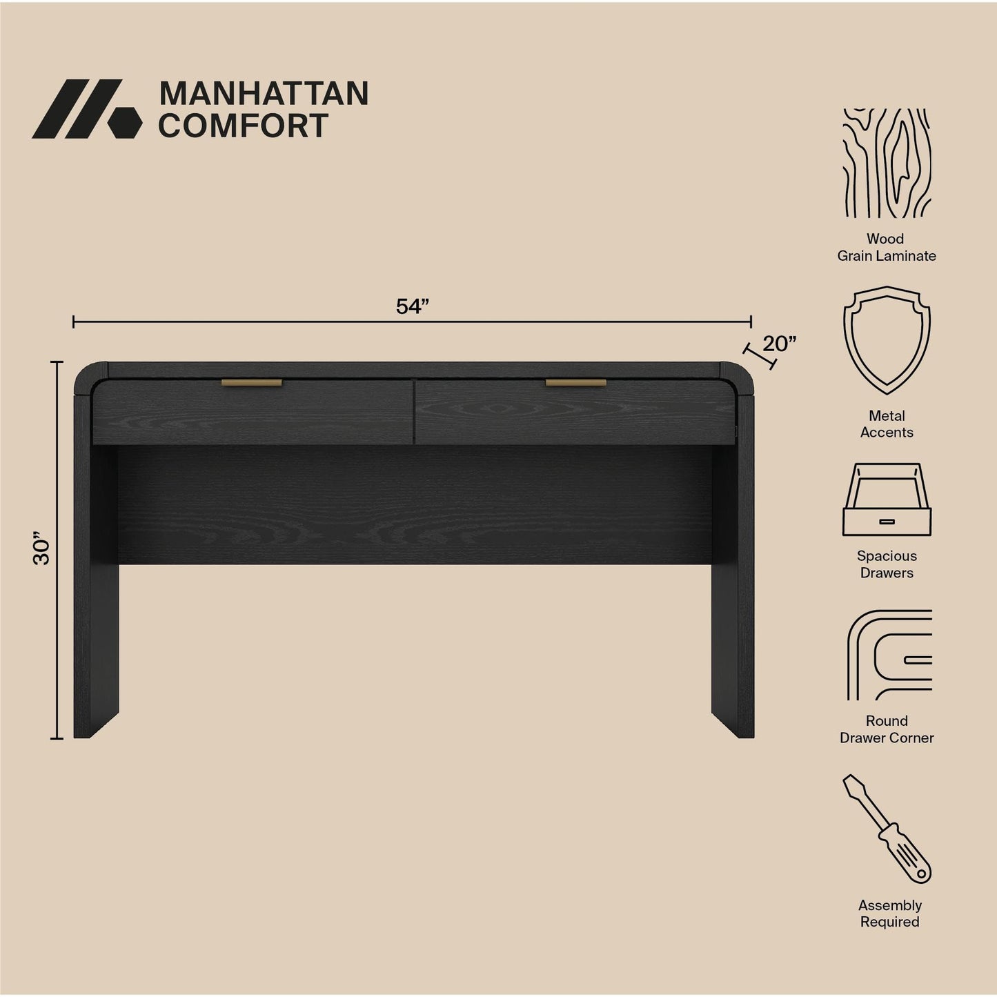 Manhattan Comfort Grace 54" Modern Office Desk with 2 Drawers, Wood Table with Metal Recessed Handles for Work from Home, Study, Craft, Stylish Executive Desk, Black and Gold