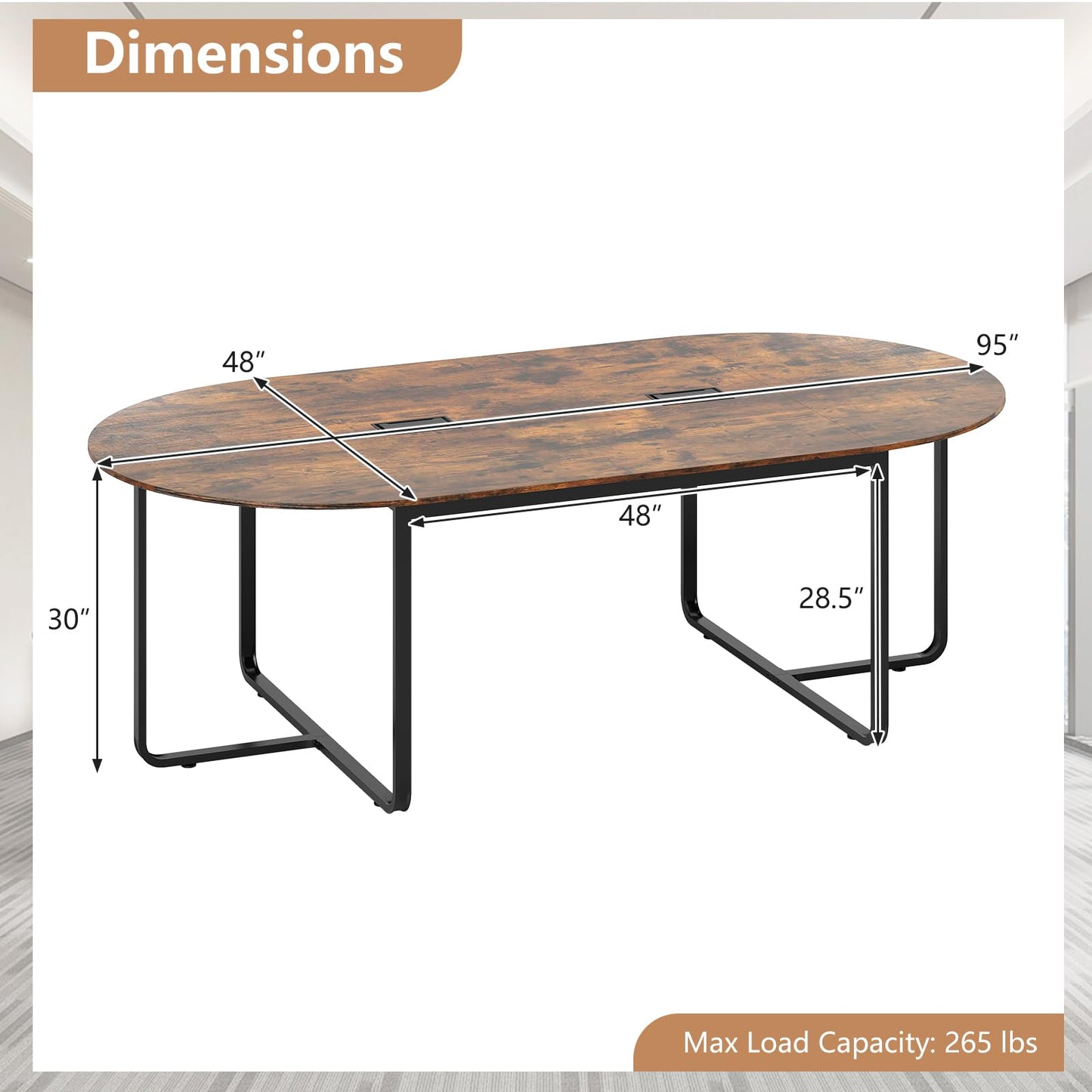 Nightcore 8 FT Oval Conference Table, 95" x 48" x 30" Large Meeting Table with Cable Holes and Strong Metal Frame for Office, Business Style Training Table for 12 People, Rustic Brown & Black
