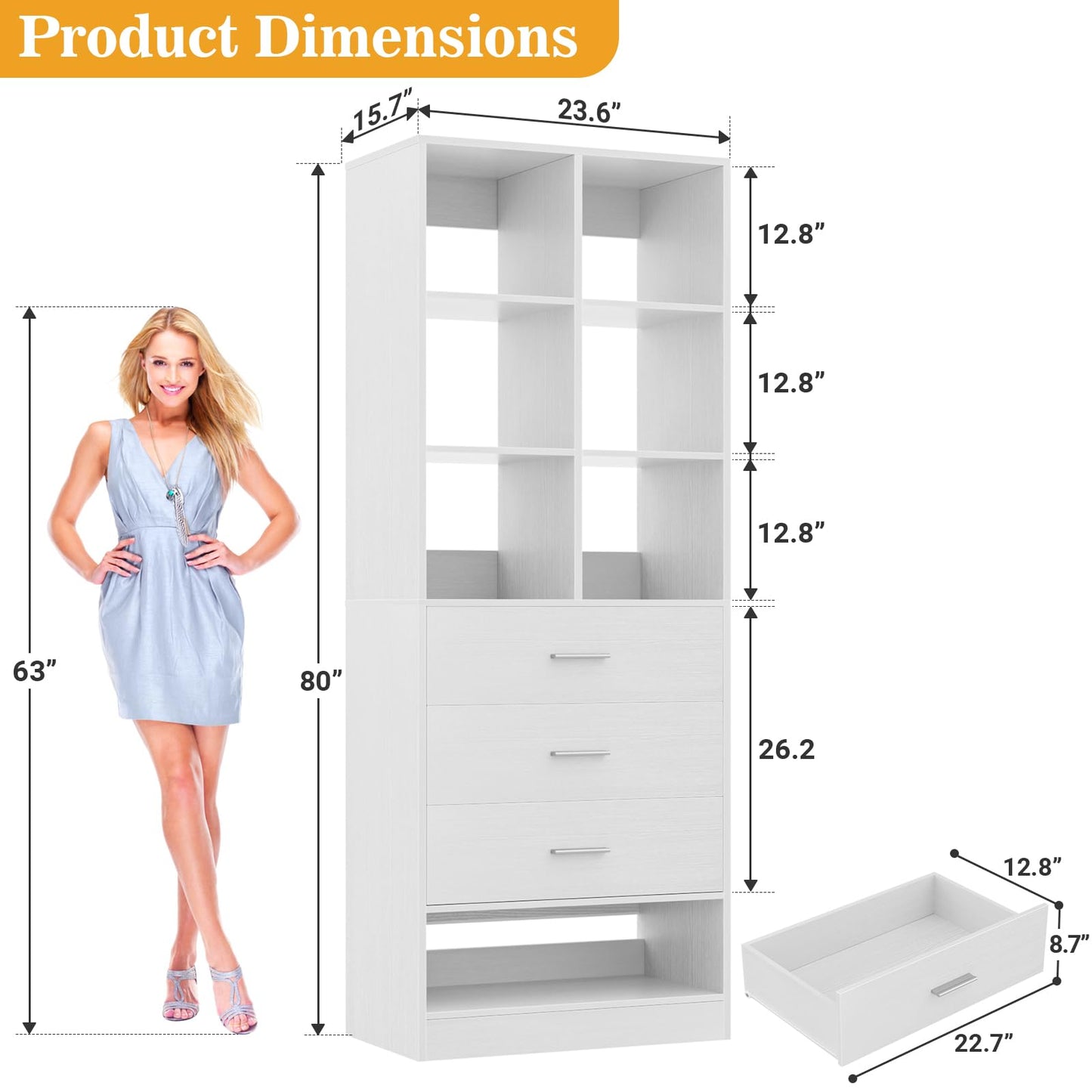 Homieasy Closet System Organizer with 3 Drawers and Partition Storage, Freestanding Wardrobe Organizer Modular with Shoe Shelf, Expandable for Walk-in or Reach-in Closets, White