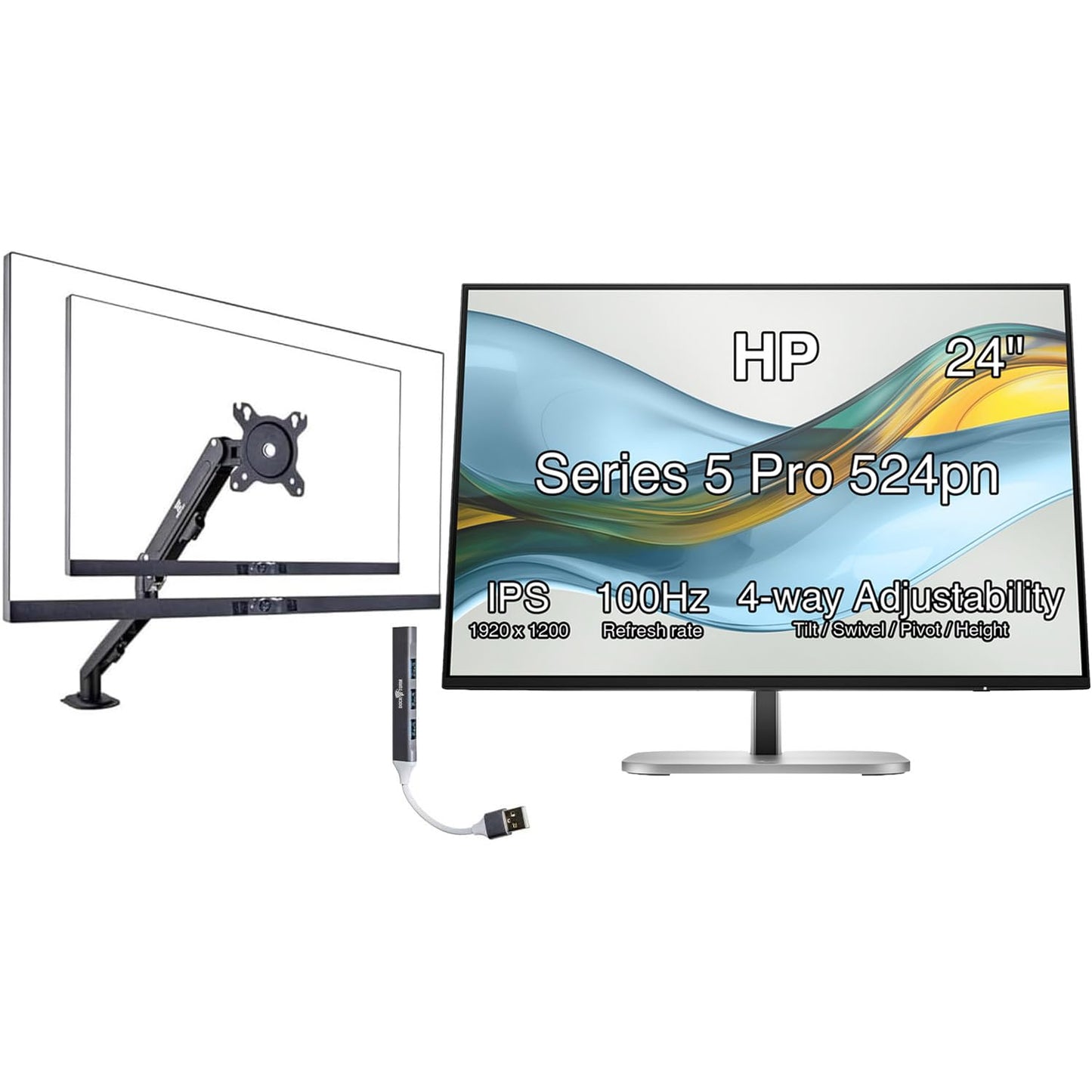 HP Series 5 Pro 24" WUXGA IPS Monitor with 5ms Response Time, Flicker Free, VESA Mount (100mm), Displayport, HDMI, Black/Silver Color with DKZ Hub & ErgoFlexy Single Monitor Mount