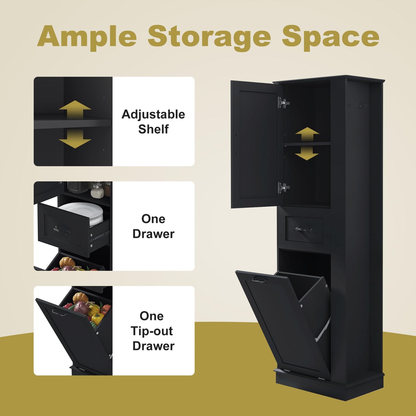 Tall Cabinet Linen Tower with Door and Drawer, Multi-Functional Bathroom Storage Organizer with Laundry Hamper, Left or Right Orientation, Soft-Closing Door, Black