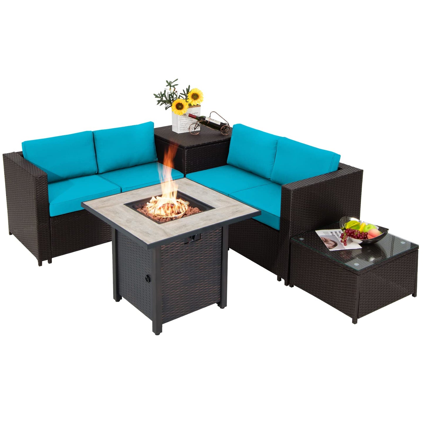 Tangkula 5 Piece Patio Furniture Set with 30 Inches 50,000 BTU Gas Fire Pit Table, Outdoor Wicker Conversation Sectional Sofa Set with Storage Box and Coffee Table, for Poolside, Deck (Turquoise)