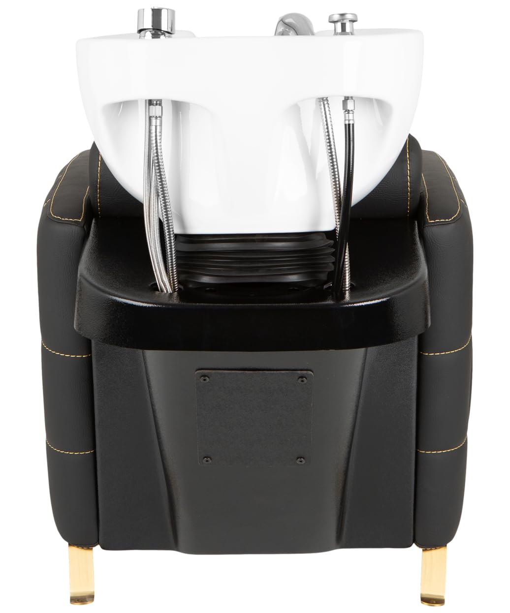 Buy-Rite Zara Shampoo Backwash Unit with Gold Stitching for Professional Salons, Tilting Porcelain Bowl, Extra Lumbar Support, Wide Seat for Comfort, Modern European Design, YLG-192-BW-GOLD-WHITEBOWL