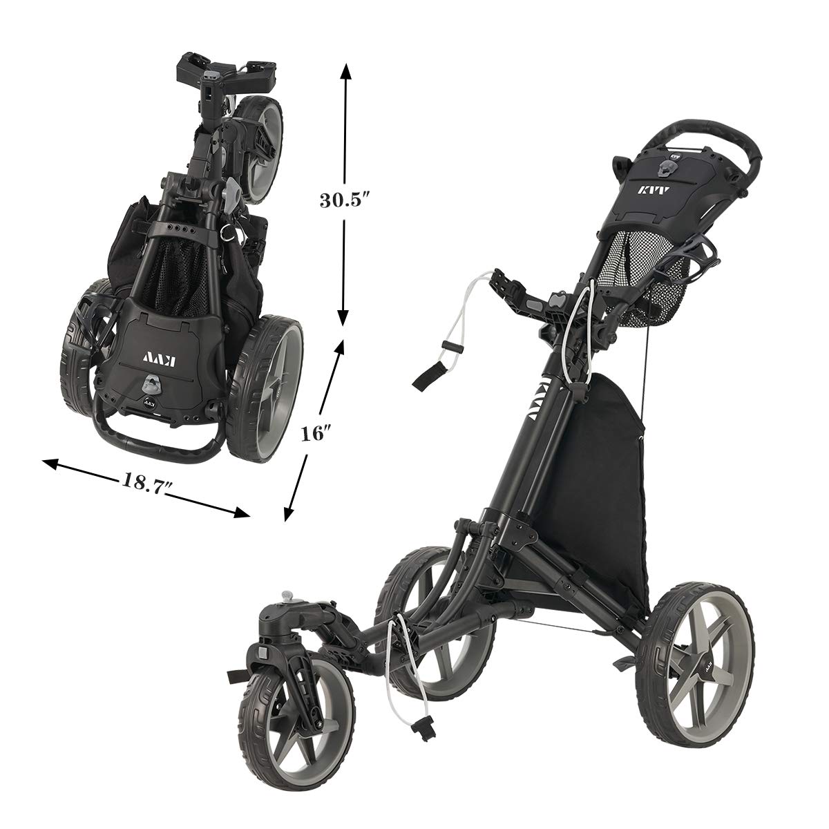 KVV 3 Wheel 360 Rotating Front Wheel Foldable/Collapsible Golf Push Cart with Foot Brake Open and Close in ONE Second-Free Umbrella Holder Included(Black/Charcoal)