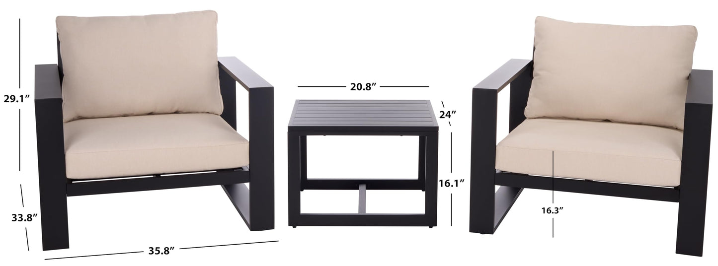 SAFAVIEH Outdoor Patio Furniture Collection – Fash Black & Taupe Cushion 3-Piece Living Set, Modern Outdoor Chairs & Slatted Square Table (PAT7552A)