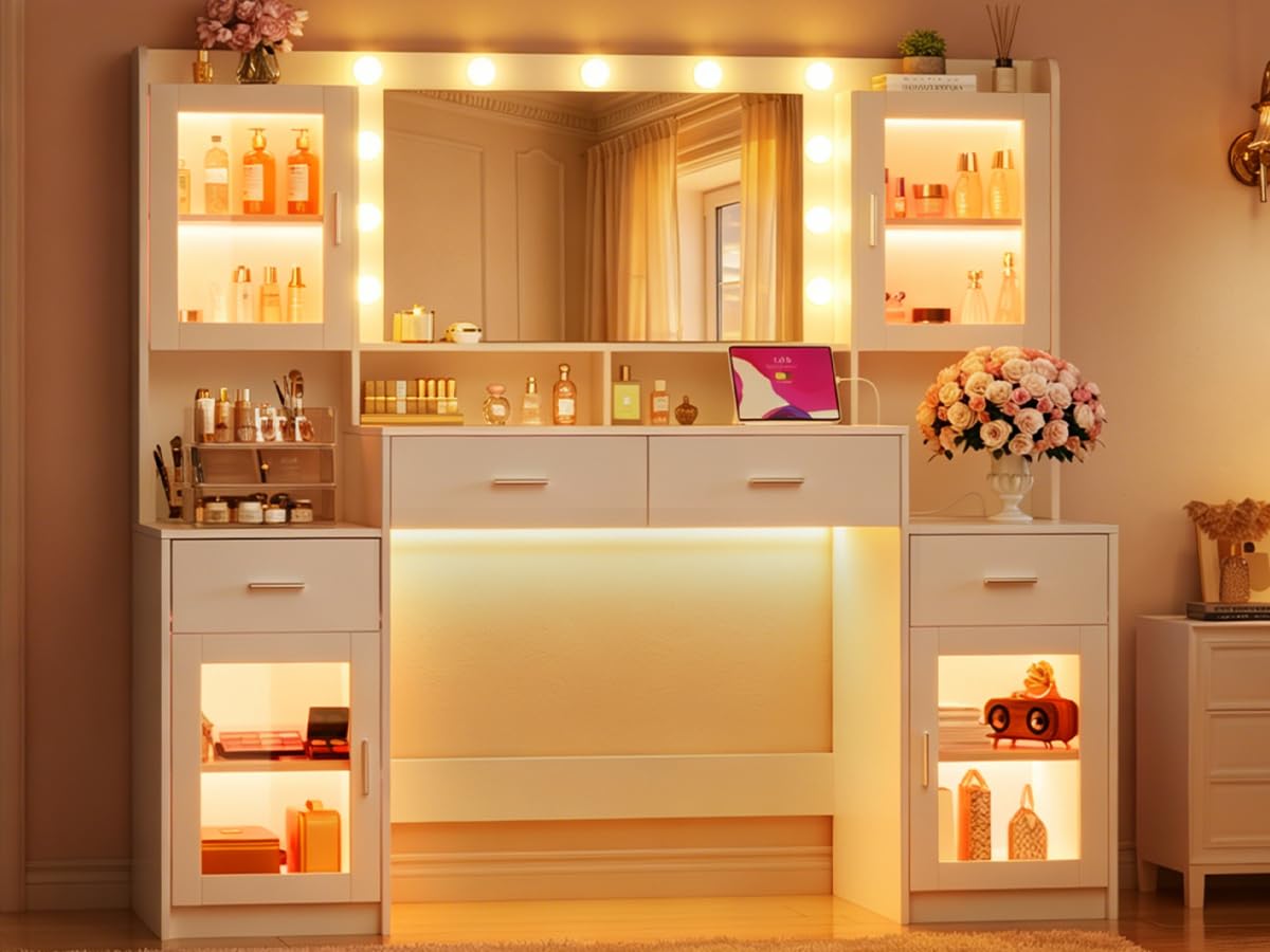 HUAHUU Large Vanity Desk with Mirror & Lights, 54.3'' Makeup Vanity with 4 RGB Cabinets and 4 Drawers, White Vanity Set with LED Lights and Power Outlet, 3 Lighting Modes, Adjustable Brightness