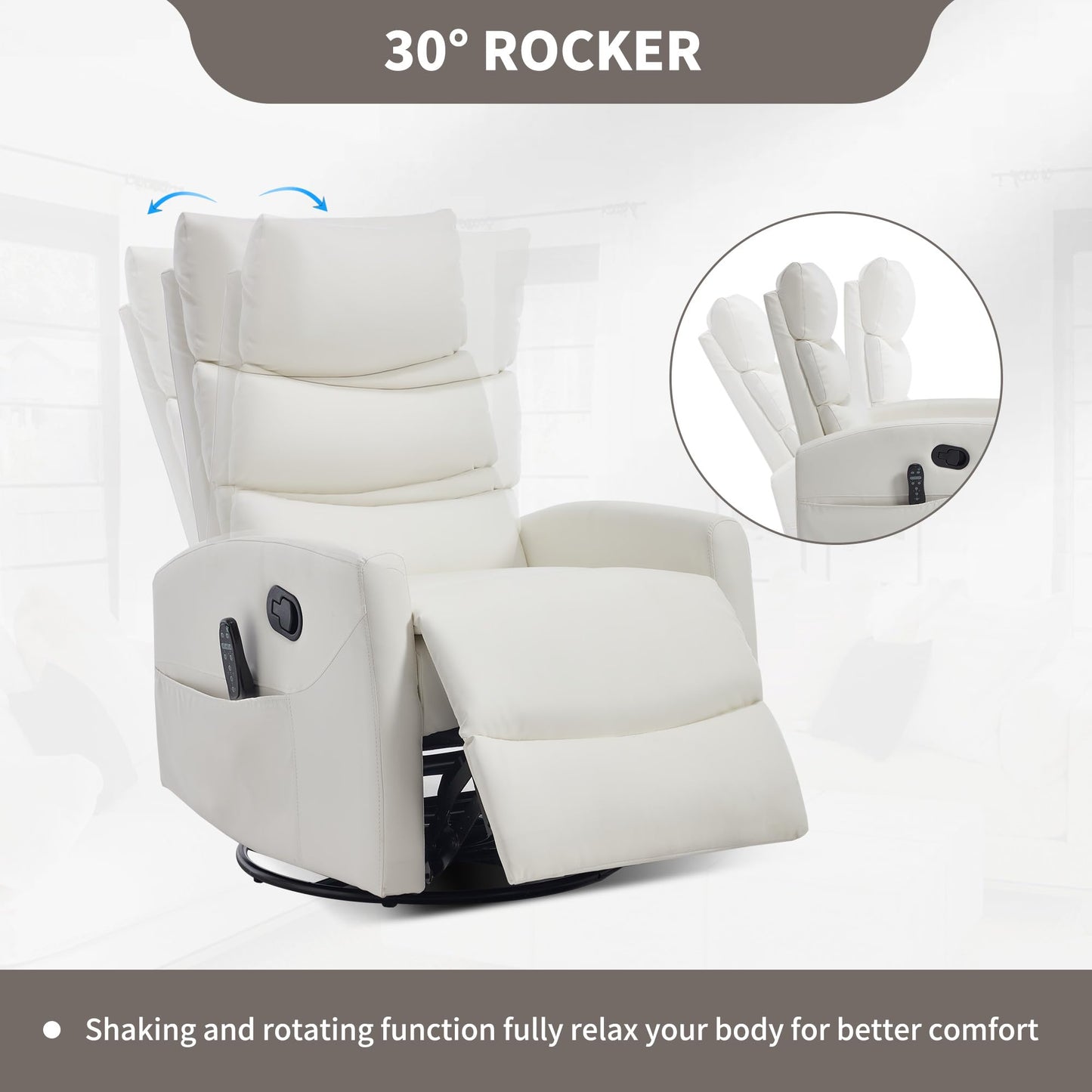 KEIKI 4-in-1 Manual Swivel Rocker Recliner Chair for Home Living Room, Faux Leather Chair with Back Massager & Heat, Home Theater Seating with Lumbar Support, Cozy Reading Chairs for Adults, White