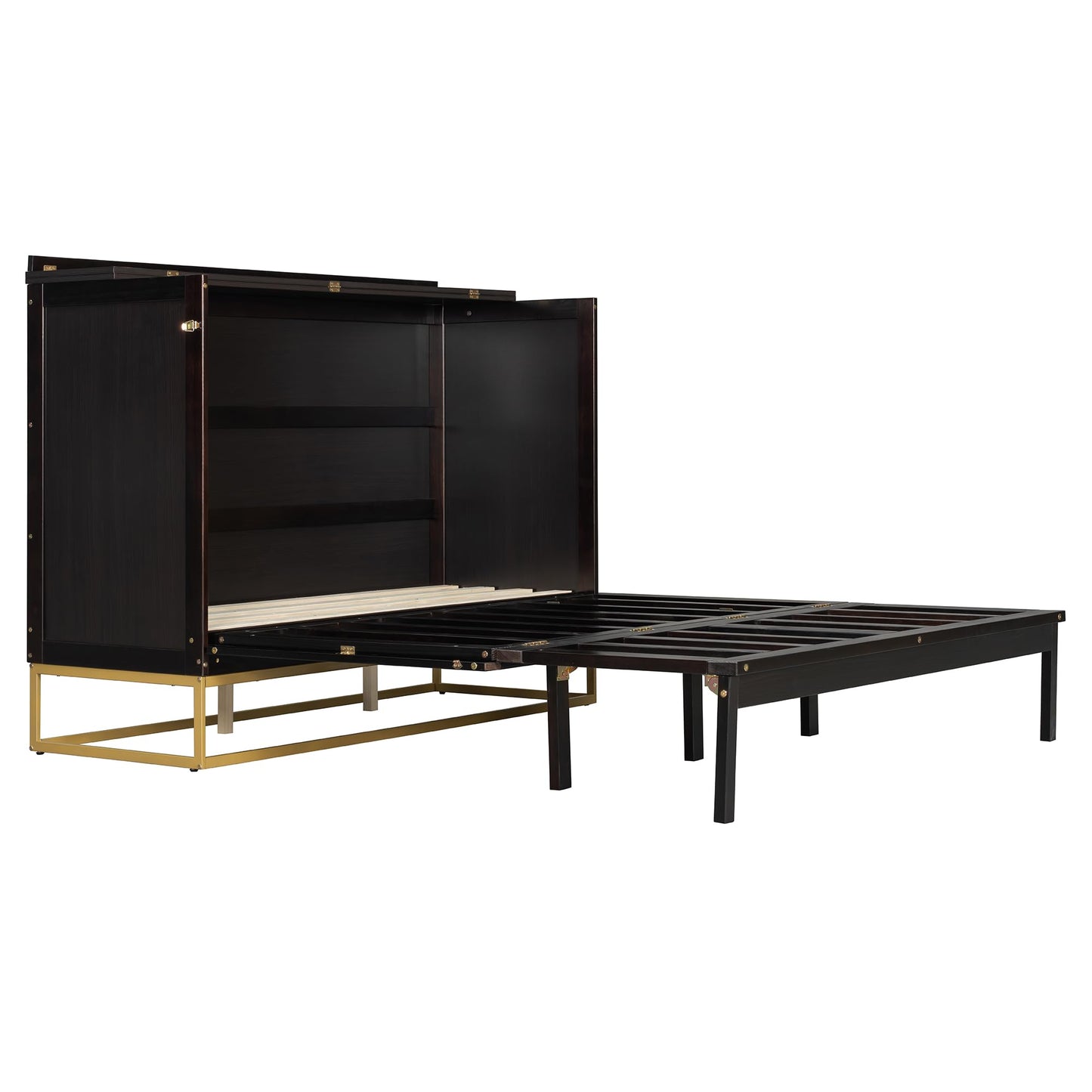 Merax Queen Size Murphy Cabinet Bed, Wood Folding Bed Frame with Wood Doors and Fake Drawers Design, Space-Saving Wall Bed for Guest Room and Home Office