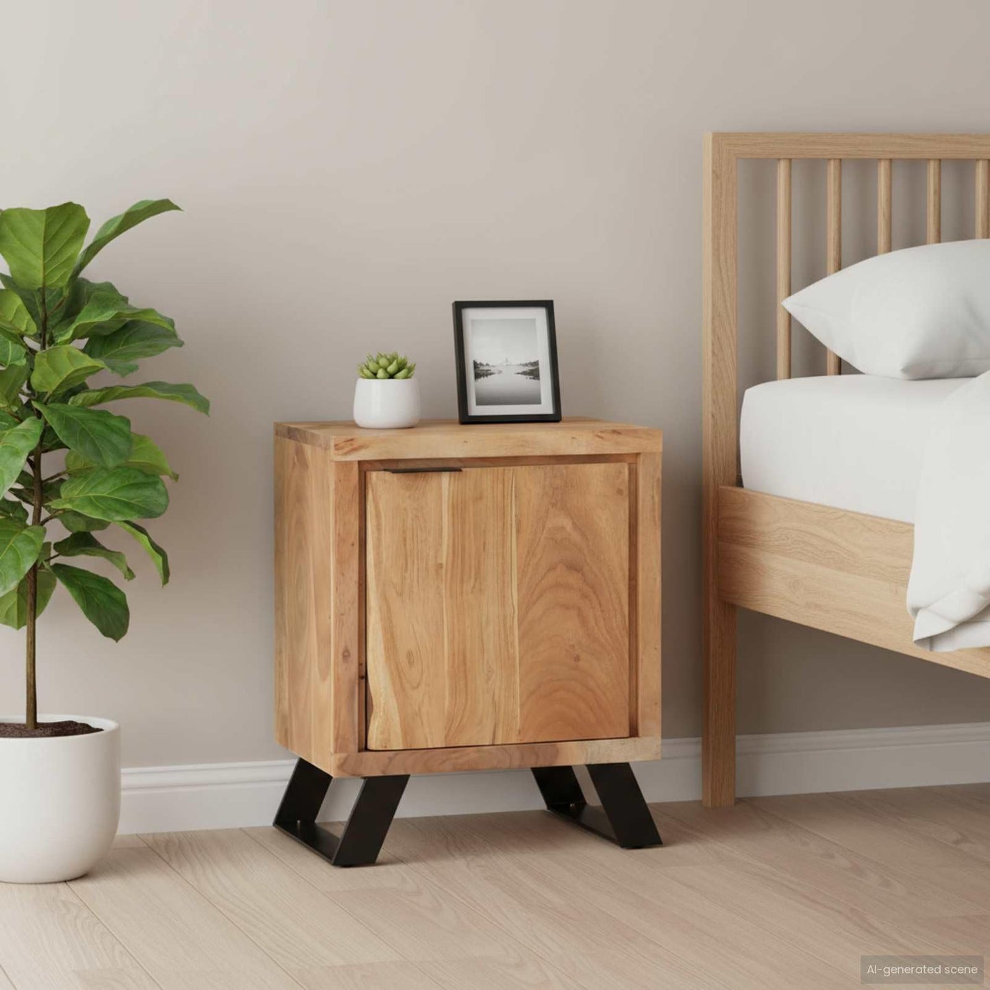 LKJVFCPW Bedside Cabinet with Storage Shelf, Solid Acacia Wood Nightstand for Bedroom, Industrial Side Table with Live Edge Finish, 15.7 x 11.8 x 19.7 Inches