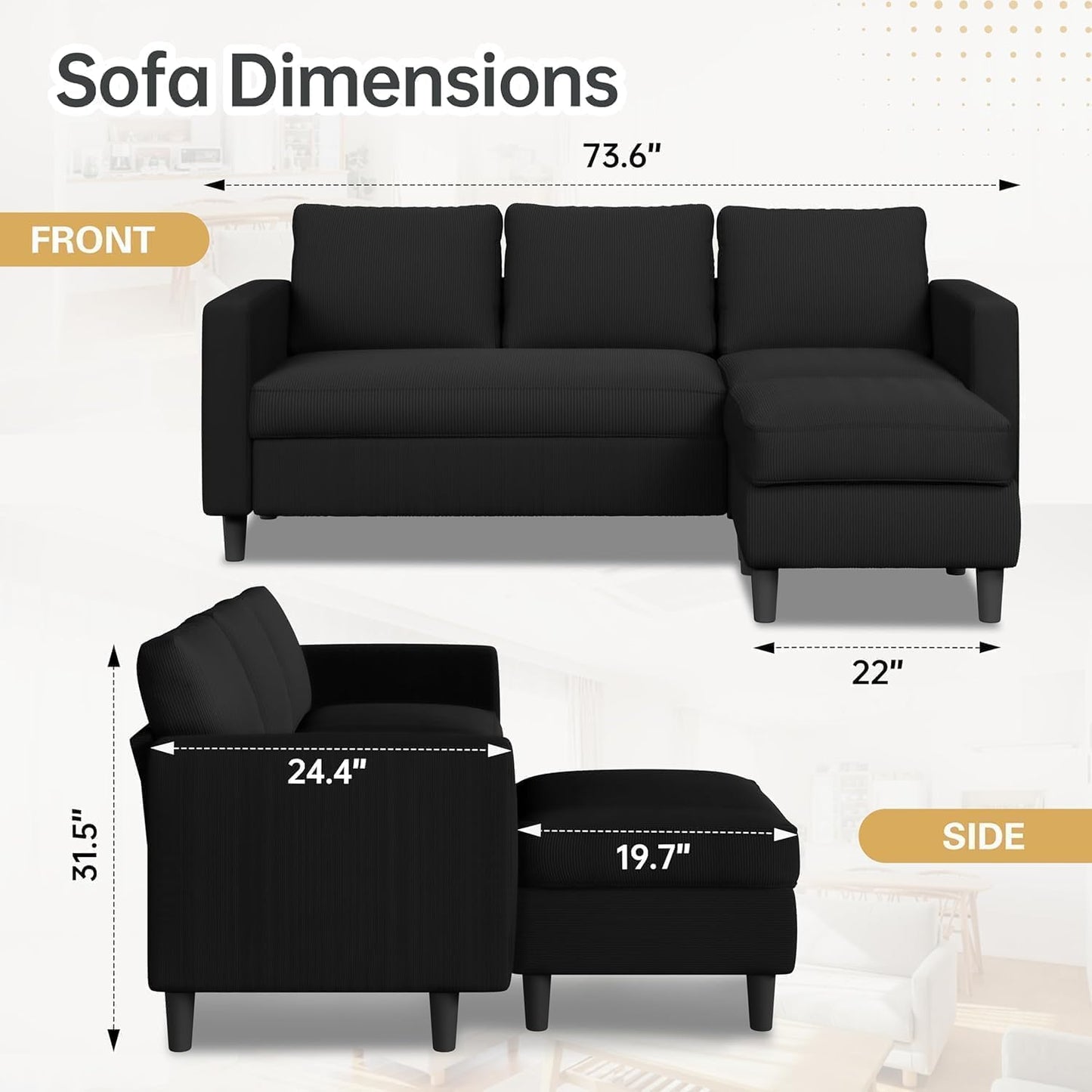 JAMFLY Sectional Sofa for Living Room, 3-Seat Reversible Couch with Convertible Ottoman, Modern L-Shaped Sofas for Small Apartment, Studio & Office, Tool-Free Easy Assembly, Black