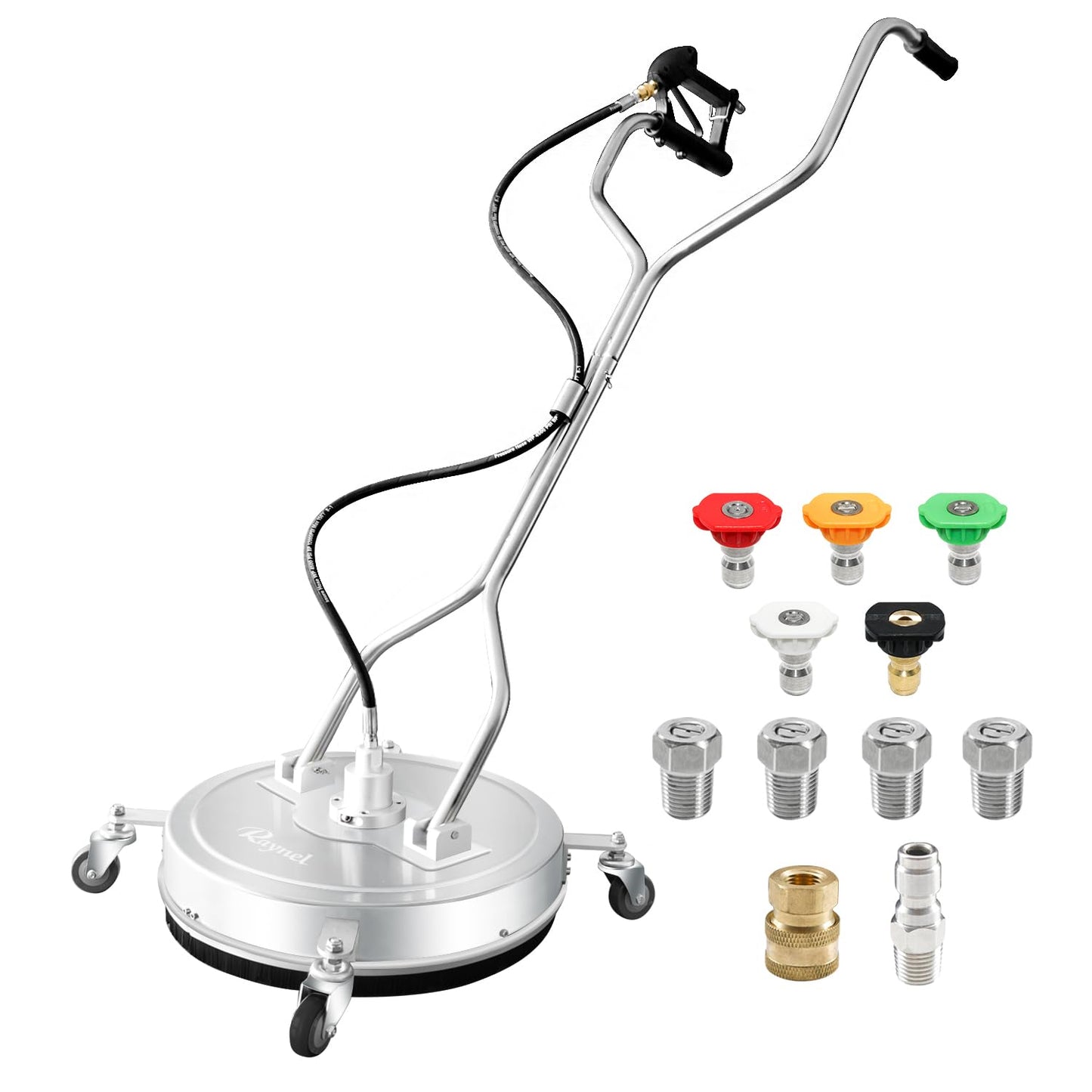 RAYNEL 20'' Pressure Washer Surface Cleaner with 4 Wheels, Dual Handle, Stainless Steel Housing, 2 Hose Adapters, 4 Replacement Nozzles