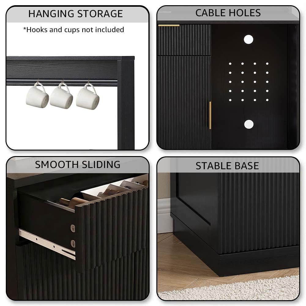 Rosary Blenn Coffee Bar Cabinet with Mini Fridge Space and Power Outlet, 39" Matte Black Wood Grain Finish Kitchen Cabinet with Drawer Storage and Adjustable Shelves for Dining Room