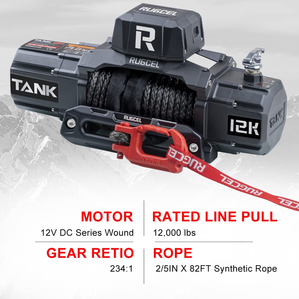 RUGCEL WINCH 12000lb New Waterproof Electric Synthetic Rope Winch 12V with Hawse Fairlead,2 IN 1 Infrared remote control,Wired control,Black Rope,for Truck SUV