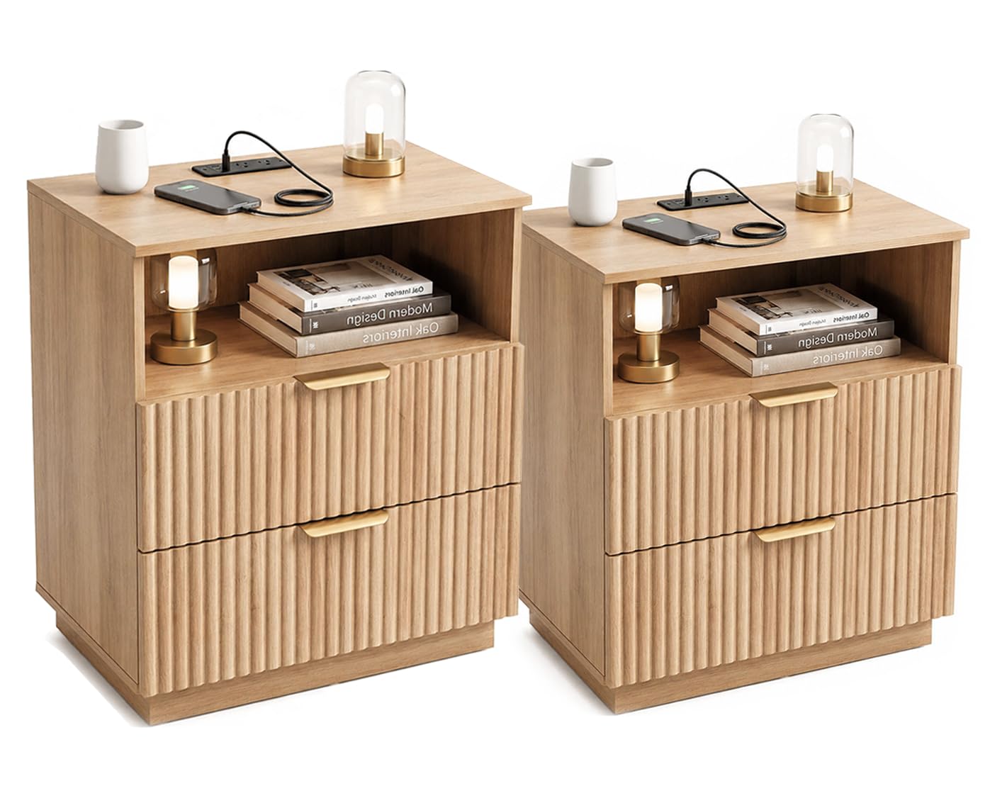 Chyanmoo Fluted Night Stand Set of 2 with Charging Station, Bedside Table Nightstand with Storage Drawer & Open Shelves, Small End Table Side Table for Bedroom Sofa Office, Natural Oak