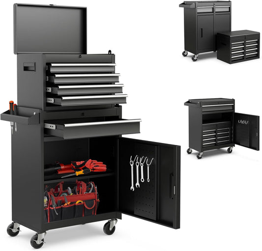 HOMGX 5-Drawer Tool Combination Cabinet, Rolling Toolbox w/Detachable Top & Adjustable Shelf, Lockable Wheels & Sliding Drawers, Large Capacity Tool Storage Cabinet for Garage Workshops (Black)