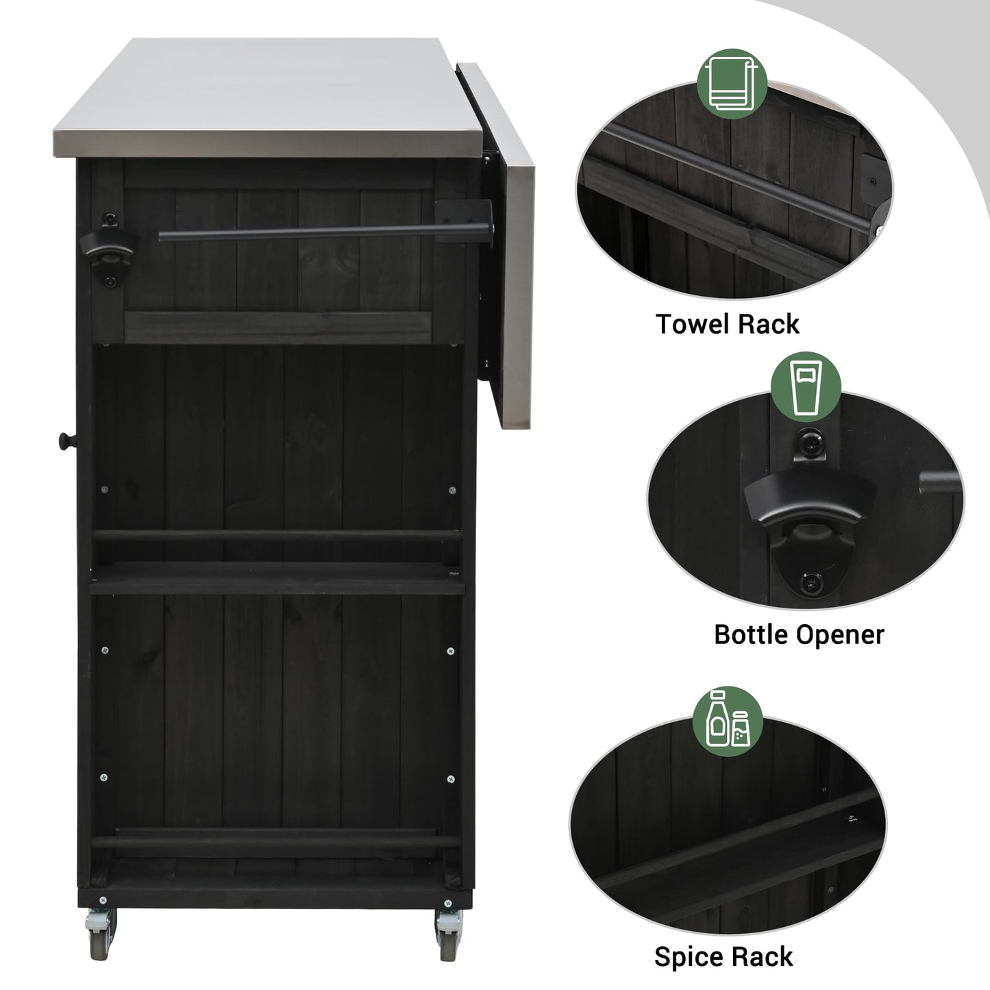 52.25" W Outdoor Kitchen Island Patio Grill Cart with Stainless Steel Tabletop, Storage Cabinet for BBQ, Bar
