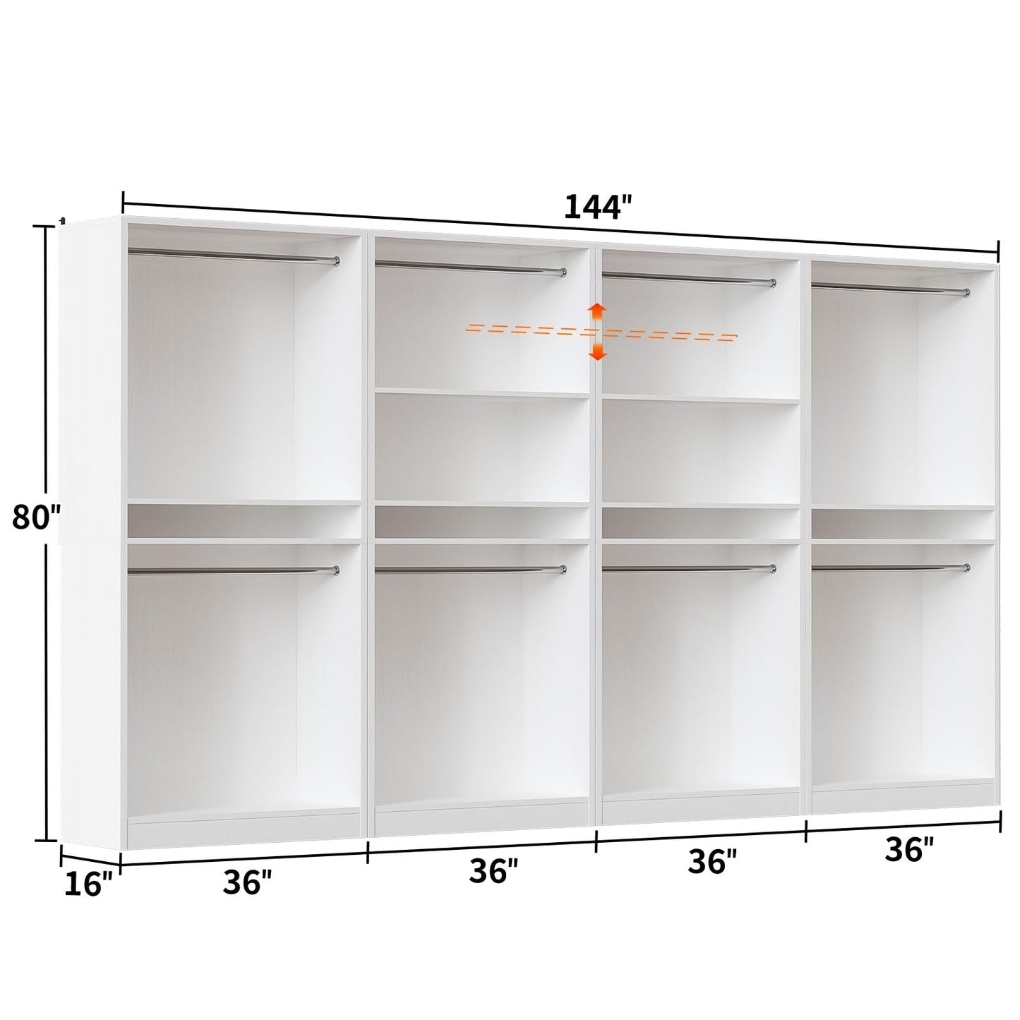 Unikito 12FT Modular Closet System with 8 Hanging Rods, 2800LBs Wood Garment Rack, 4-Pieces Ultra-Wide Walk-in Closet Organizer, Freestanding Clothing Shelves, White