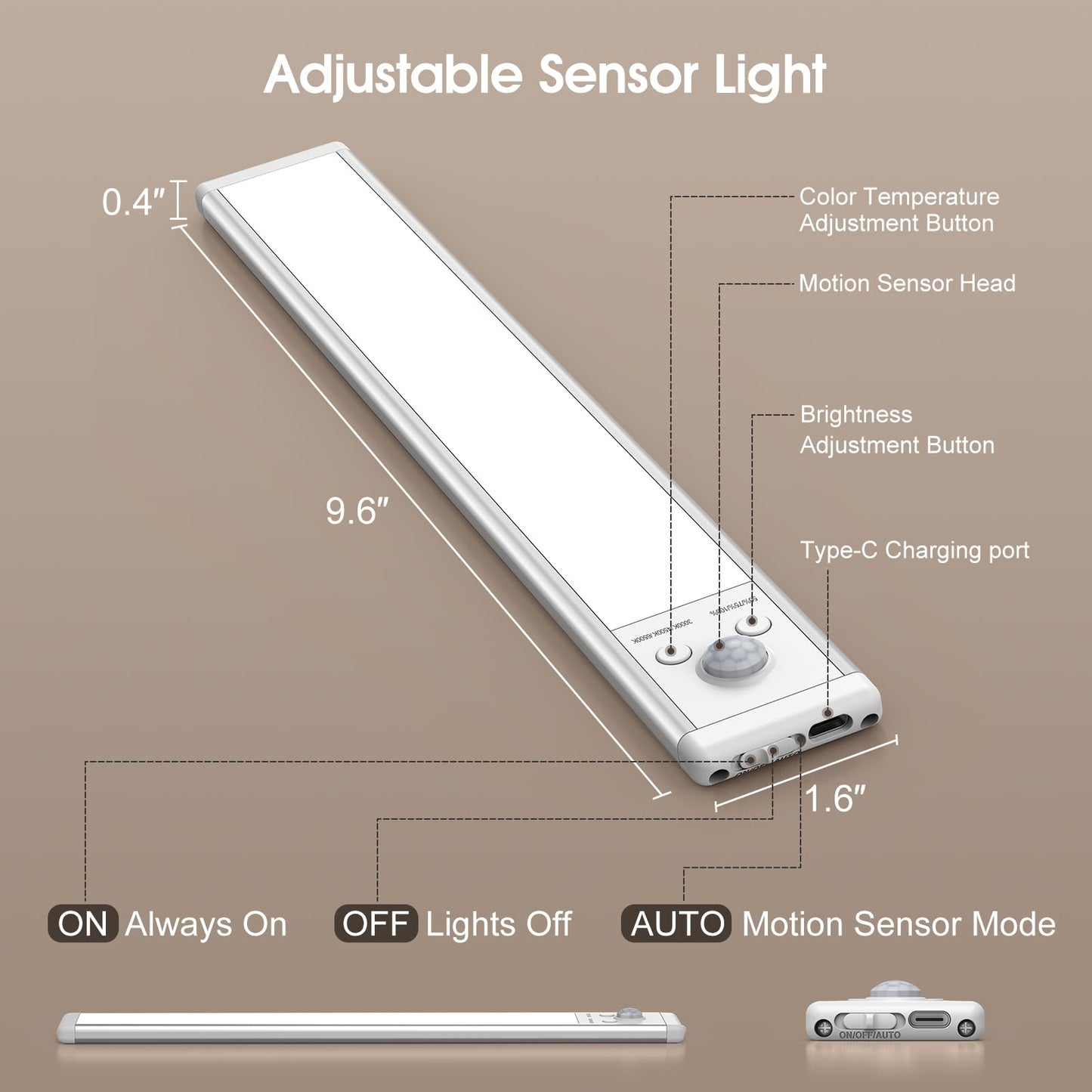 Chasesun LED Under Cabinet Lights, Motion Sensor, 9.6in, 3 Color Temperatures, Wireless, Magnetic Mount, 5 Pack, White